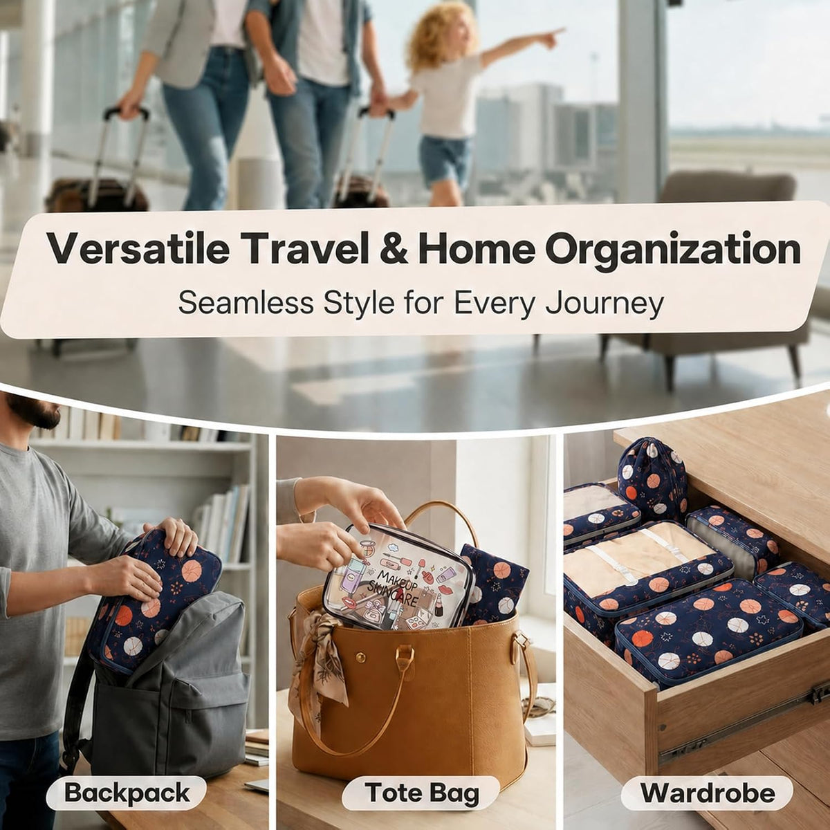 8 Set Packing Cubes for Travel, Durable Luggage Packing Organizers, Carry-On Accessories, TSA Approved See-Through Cubes, Space-Saving Storage Bags, Gifts for Women (Navy Maple Leaf)