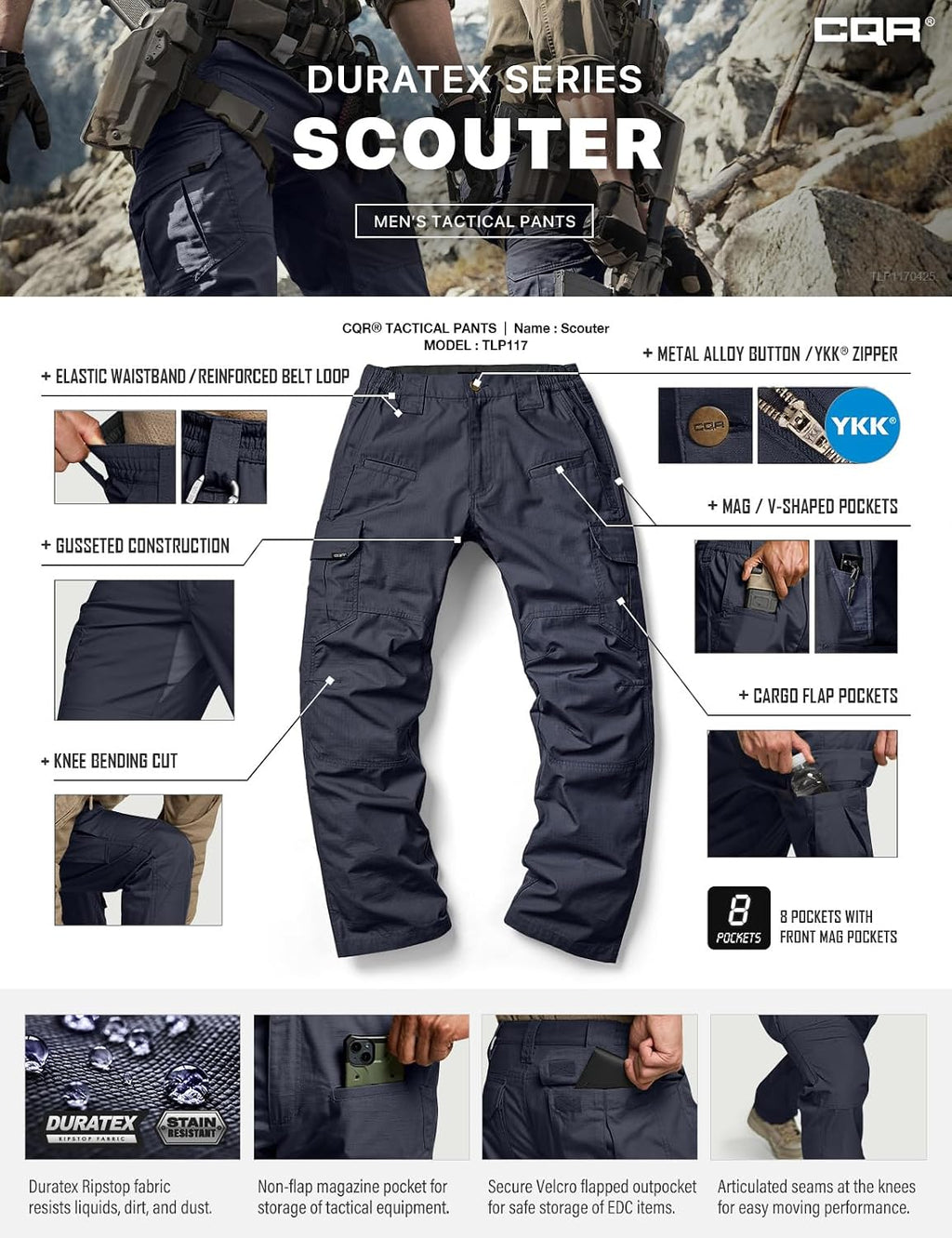 CQR Men's Tactical Pants, Water Resistant Ripstop Cargo Pants, Lightweight EDC Work Hiking Pants, Outdoor Apparel