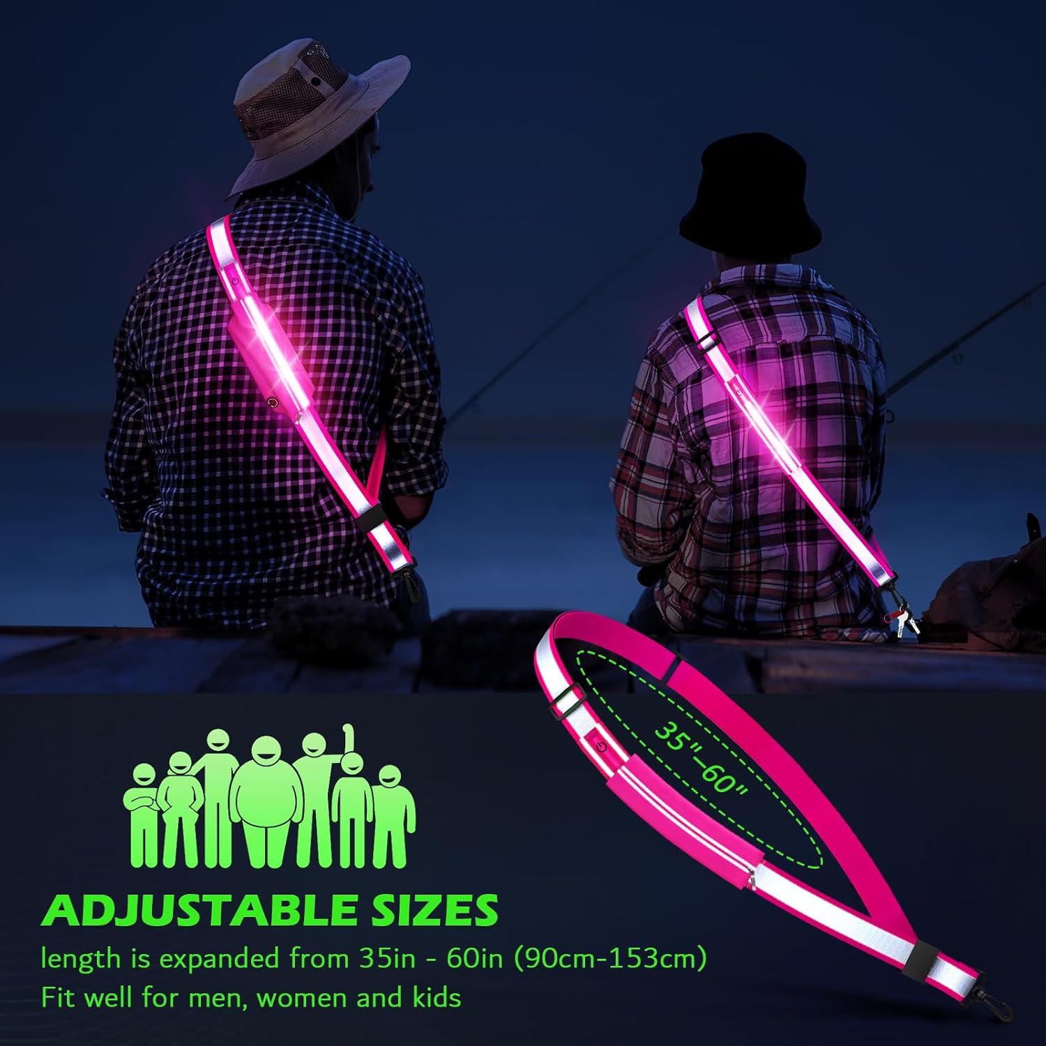 Ylzzrs Reflective Sash Gear for Walking at Night,LED Reflective Belt Safety Lights,Lights for Night Dog Walking,High Visibility Type-C Rechargeable with Phone Holder for Men Women