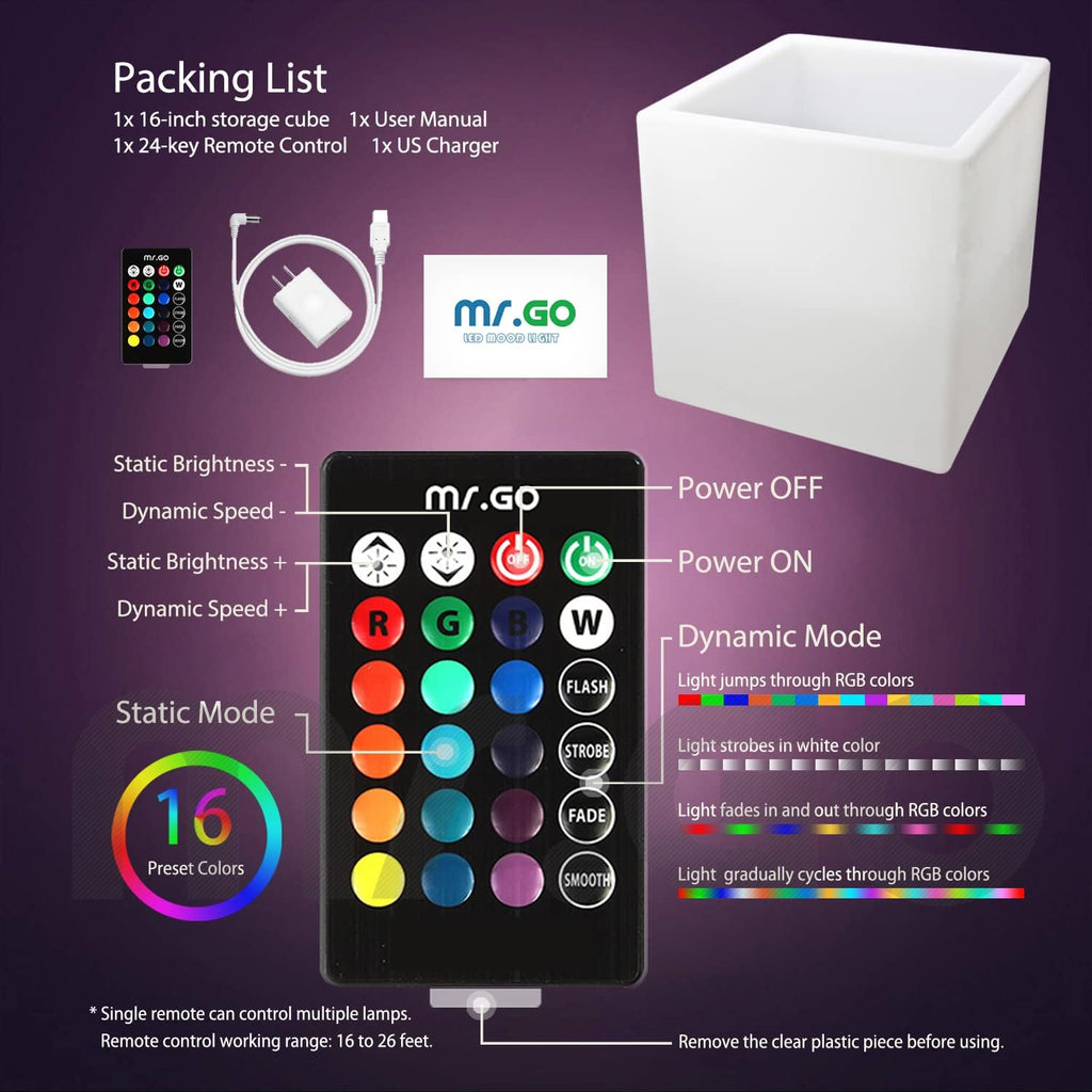 Mr.Go 16" Hollow LED Light Cube, RGB Glowing Storage Container & Ice Bucket