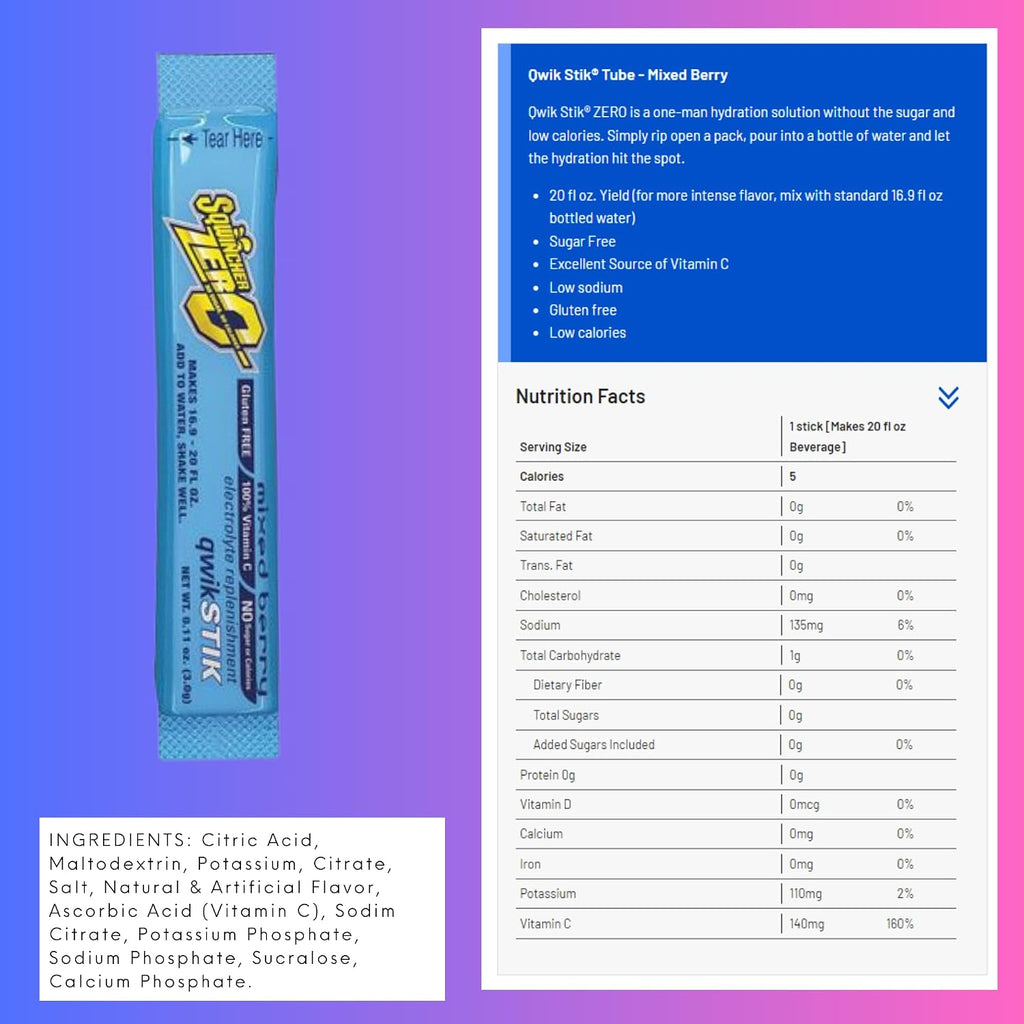 Sqwincher Zero Qwik Stik - Single Serve, Sugar Free, Low Calorie, Low Sodium Electrolyte Replacement Powder Hydration Drink Mix, 0.11 oz Packet | MIXED BERRY - Pack of 120