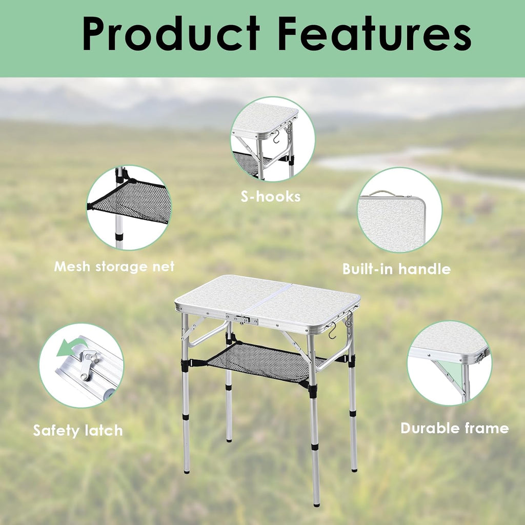 Small Folding Camping Table, 2ft Portable Table Adjustable Height
