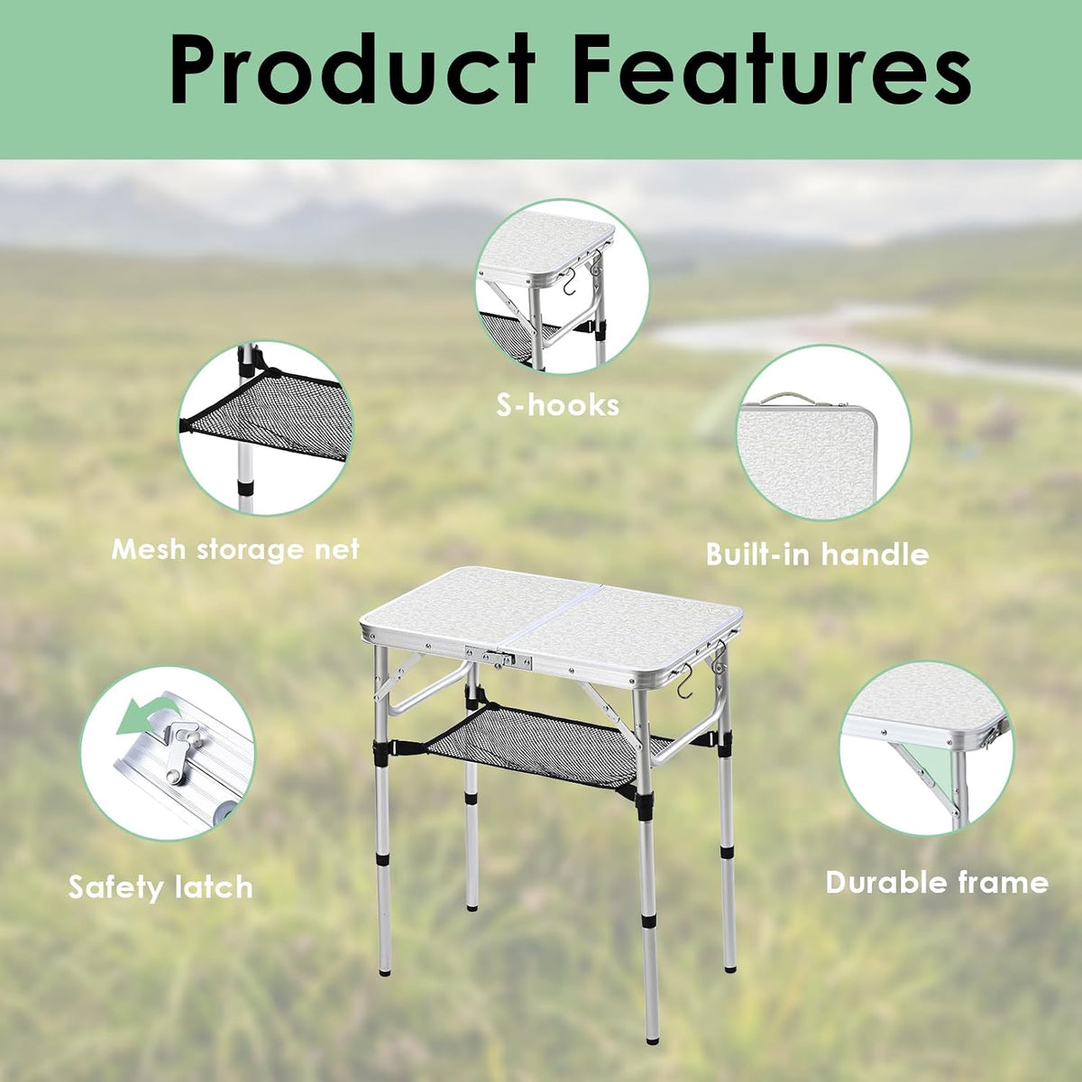 Small Folding Camping Table, 2ft Portable Table Adjustable Height