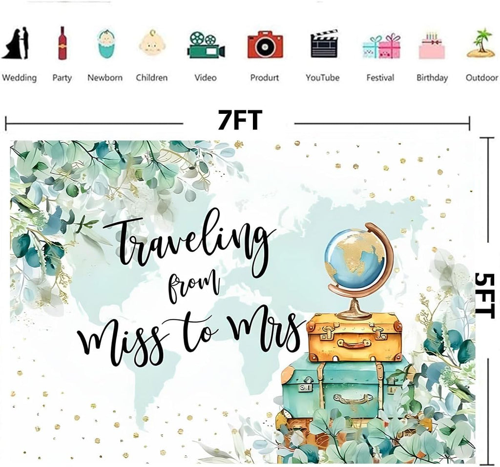 Wedding Travel Theme Photography Background Adventure Awaits Baby Shower Party Decorations Backdrop Traveling from Miss to Mrs Background Greenery Green Leaves Bridal Shower Backdrop (7X5FT)