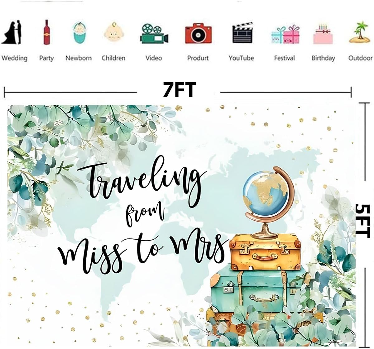 Wedding Travel Theme Photography Background Adventure Awaits Baby Shower Party Decorations Backdrop Traveling from Miss to Mrs Background Greenery Green Leaves Bridal Shower Backdrop (7X5FT)