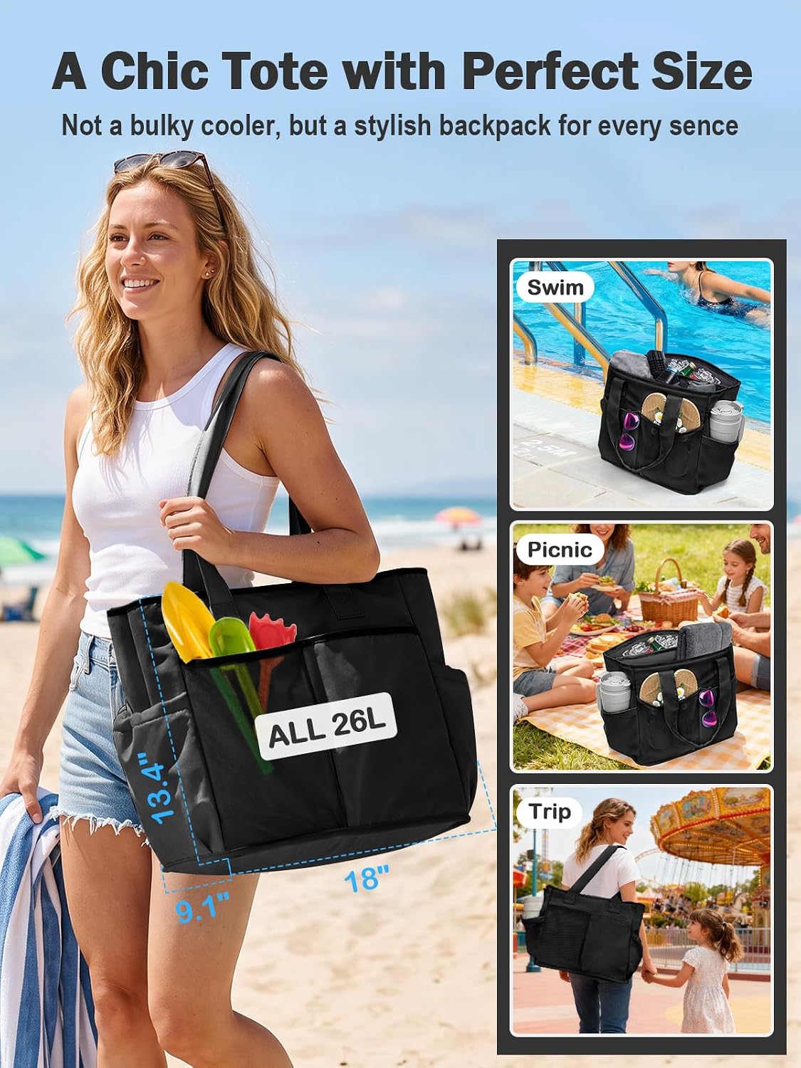 Odoland 2-in-1 Beach Cooler Bag-24 Can + 13L Dry Storage 12H Insulated