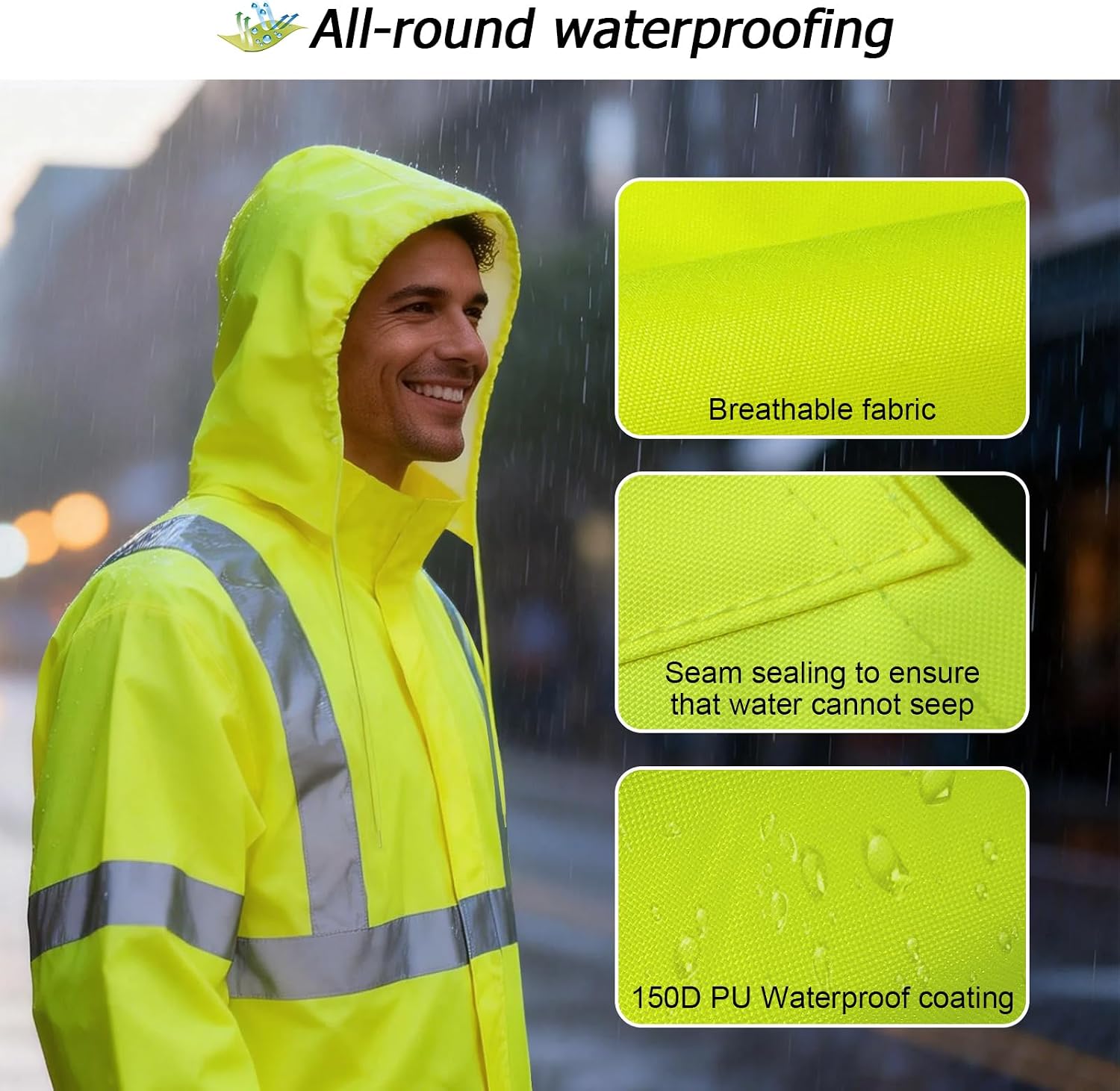 High Visibility Rain Coat, High Vis Rain Suit for Men, Waterproof Rain Jacket with Hood, Class 3 Lightweight Hi Vis Rain Gear for Outdoor Activities& Safety Work, Men Women, Yellow T, S-M
