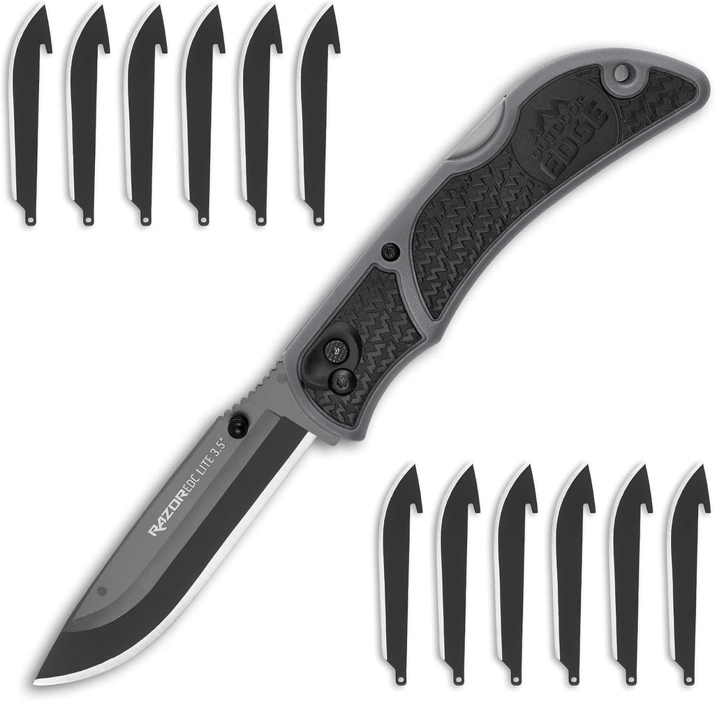 OUTDOOR EDGE 3.5" RazorLite EDC Pocket Knife (Obsidian Black), with Replaceable Blades and Clip, Perfect Carry Knive for Camping, Hunting and Survival, Includes 12 Black Steel Drop Point Blades