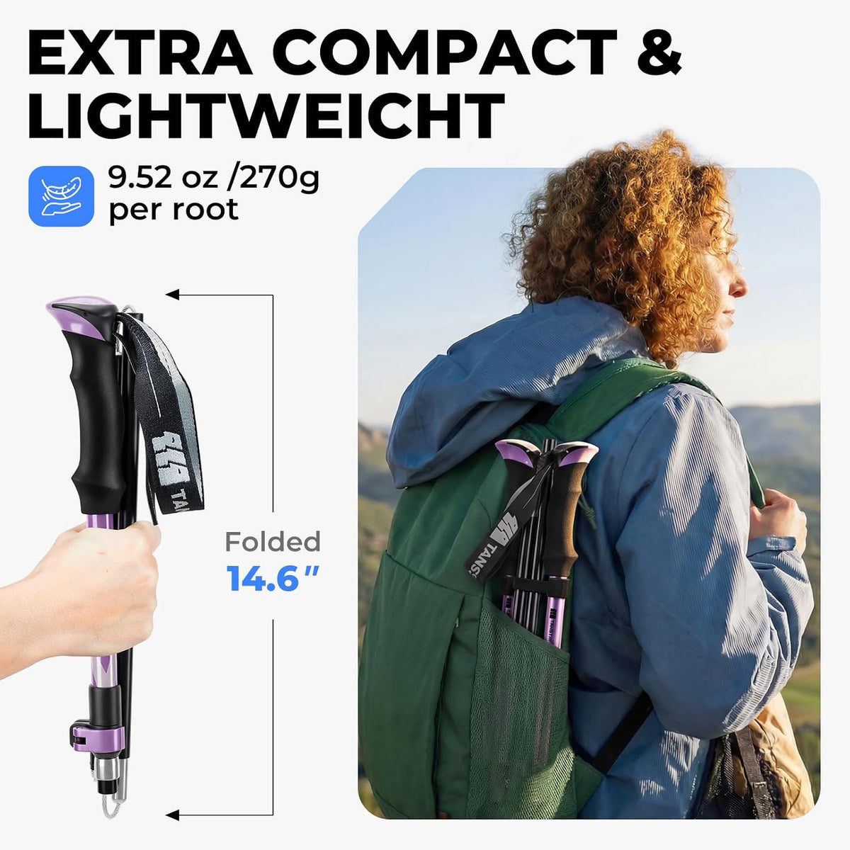 Trekking Poles for Hiking - Collapsible Lightweight 7075 Aluminum Hiking Poles (9.5 oz), EVA Grip Tri-Fold Walking Sticks for Seniors, Men & Women, Adjustable 43-53" (Set of 2)