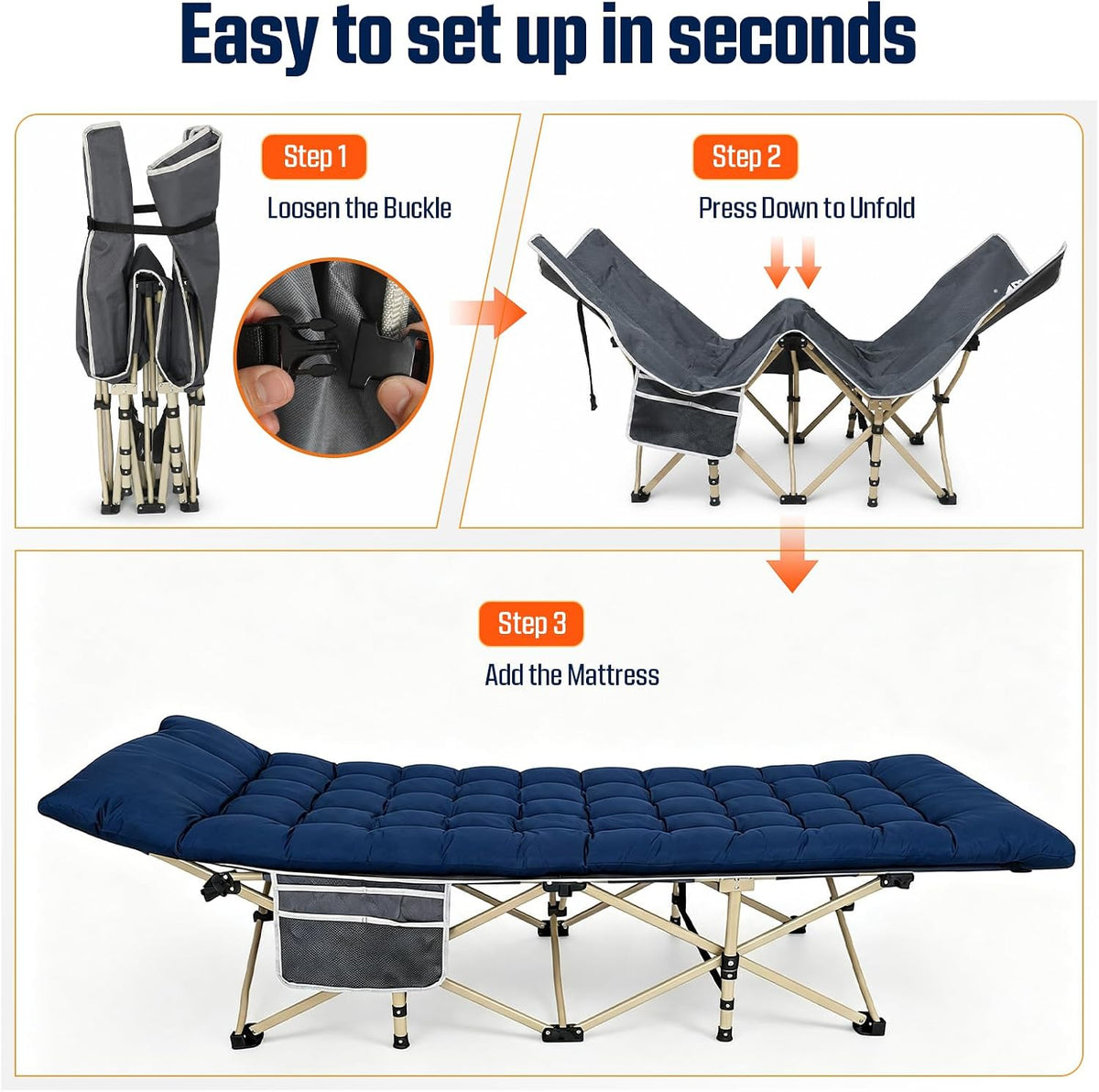 ARAER Camping Cot for Adults, 28in Wide with Mattress (Navy Blue)
