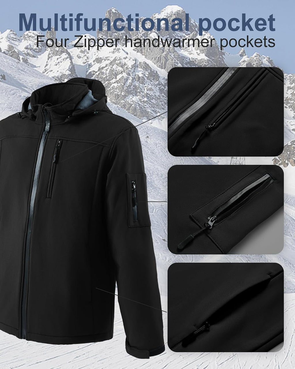 Men's Soft Shell Jacket Waterproof Military Tactical Coat Winter Fleece Lined Rain Jacket with Detachable Hood