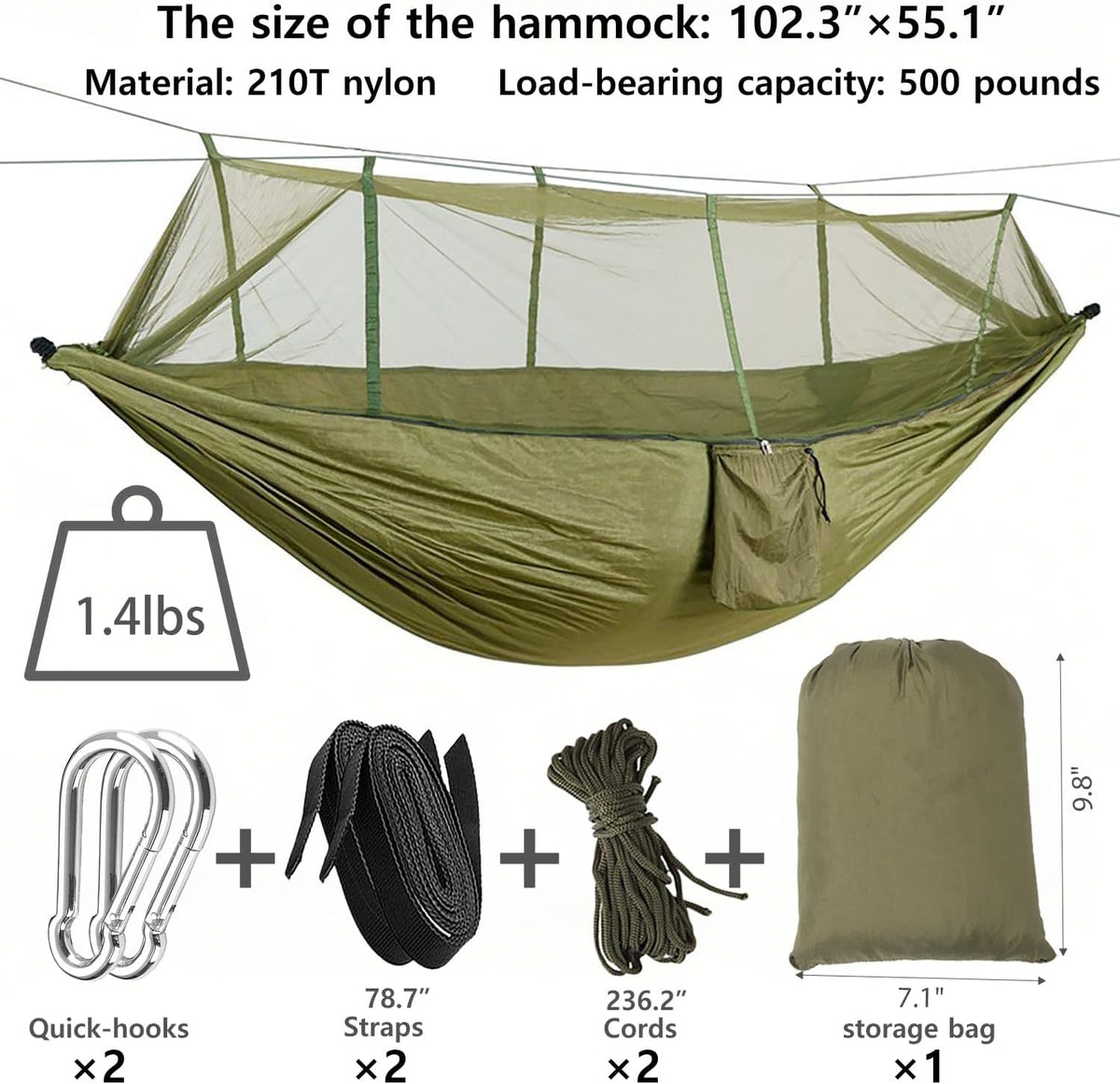 Camping Hammock, Portable Hammocks with Mosquito Net, Hammock Tent for Outside Hiking Travel Camping Gear Must Haves (Green)