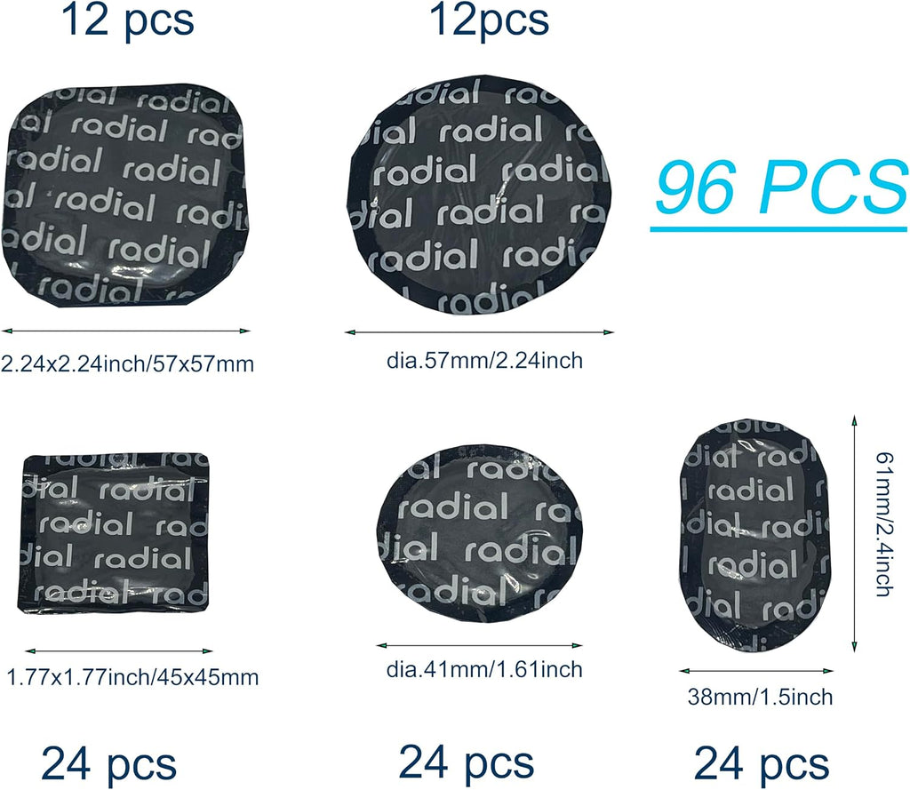 Professional Self-Vulcanizing Tire Repair Patches 96 pcs - Multi-Size (41mm to 57mm) Radial Tire Patch Kit for Cars/Trucks/Motorcycles, Heavy Duty, Heat