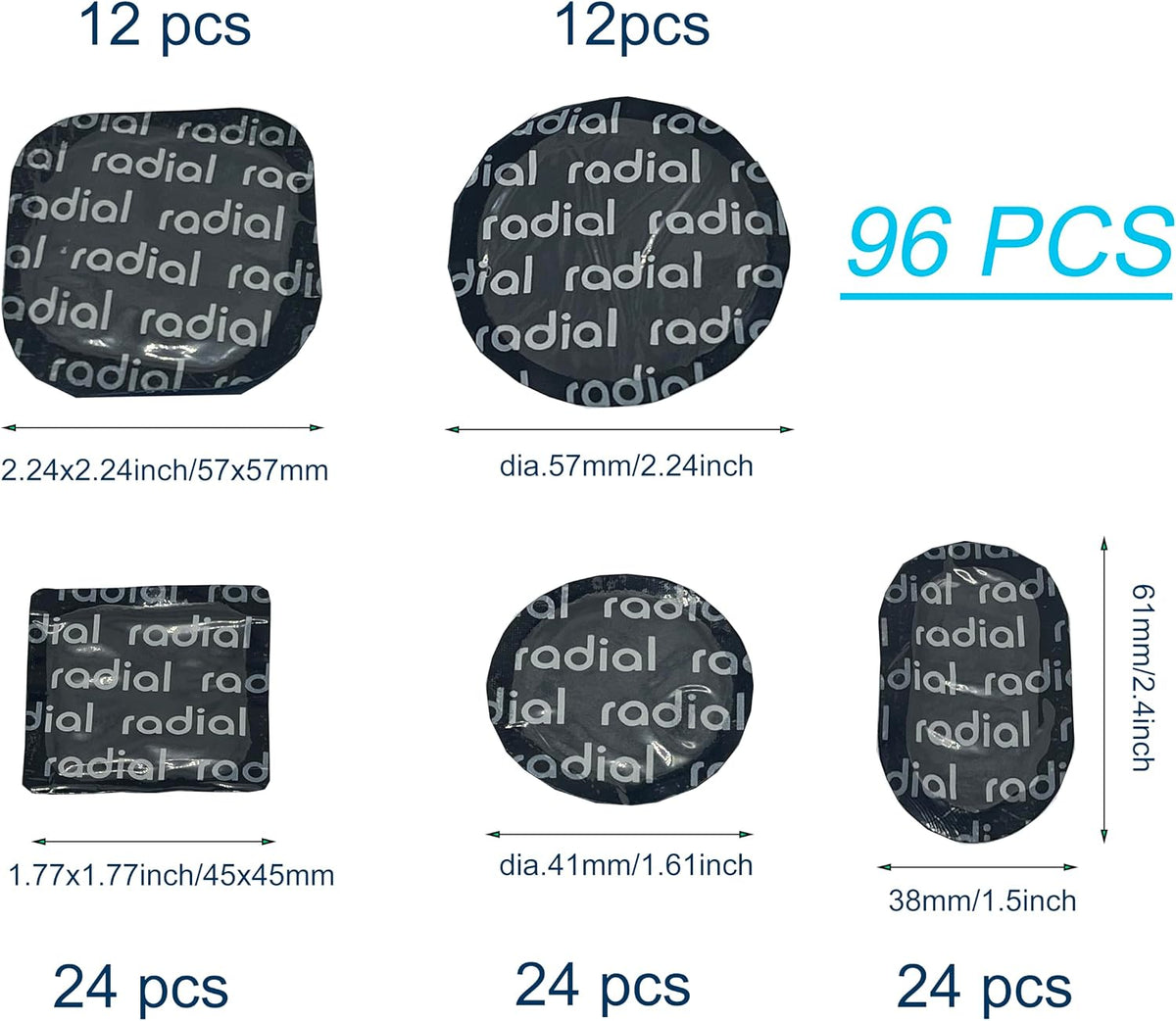Professional Self-Vulcanizing Tire Repair Patches 96 pcs - Multi-Size (41mm to 57mm) Radial Tire Patch Kit for Cars/Trucks/Motorcycles, Heavy Duty, Heat