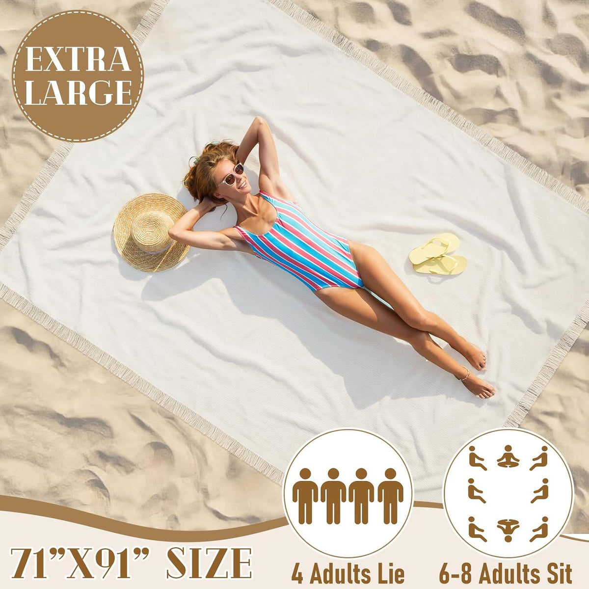 91x71 in Beach Blanket Picnic Blanket Cotton, Milky White, Waffle