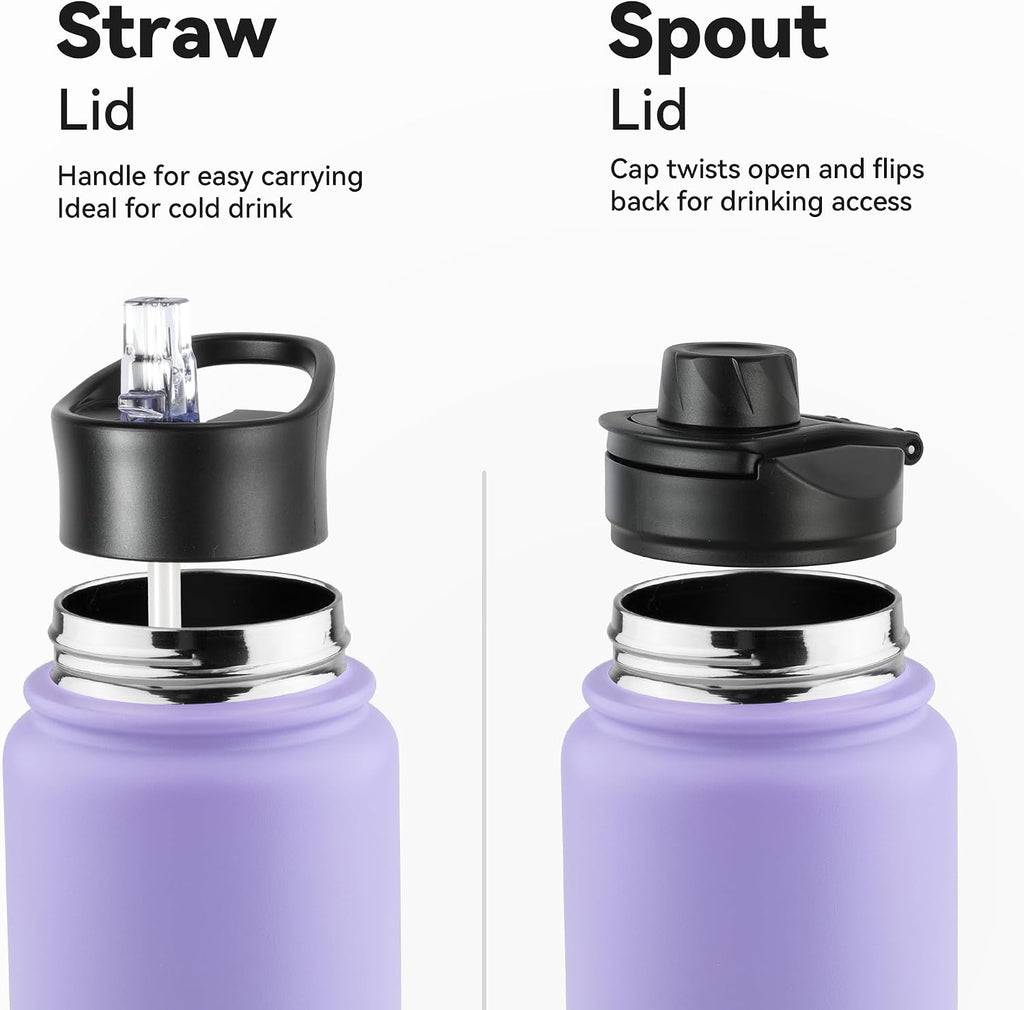 24oz Insulated Water Bottle with Straw Lid, Stainless Steel Metal Water Bottle with Straw & Wide Mouth Lid, Double Wall Vacuum Water Bottle for Hiking Camping, Lavender 1 Pack