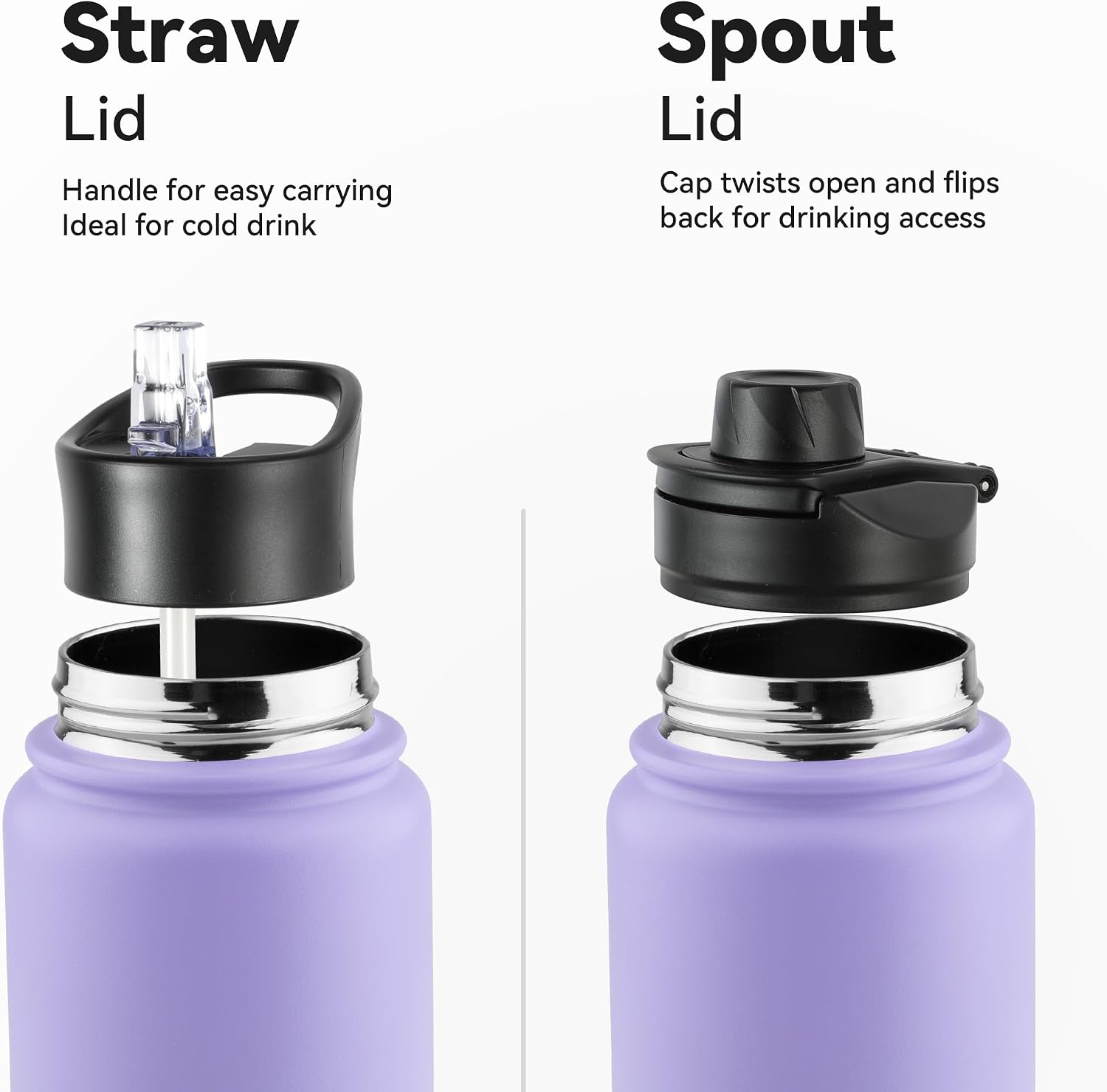 24oz Insulated Water Bottle with Straw Lid, Stainless Steel Metal Water Bottle with Straw & Wide Mouth Lid, Double Wall Vacuum Water Bottle for Hiking Camping, Lavender 1 Pack