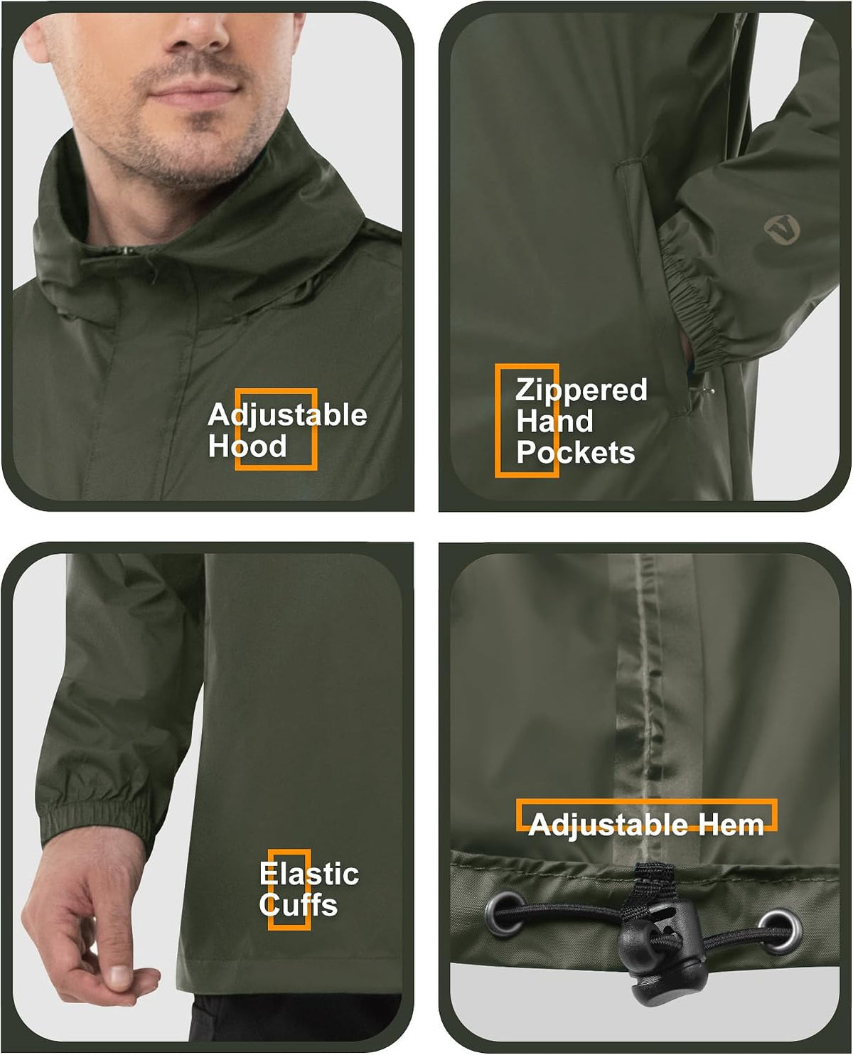 Outdoor Ventures Men's Rain Jacket Waterproof Lightweight Packable Pullover