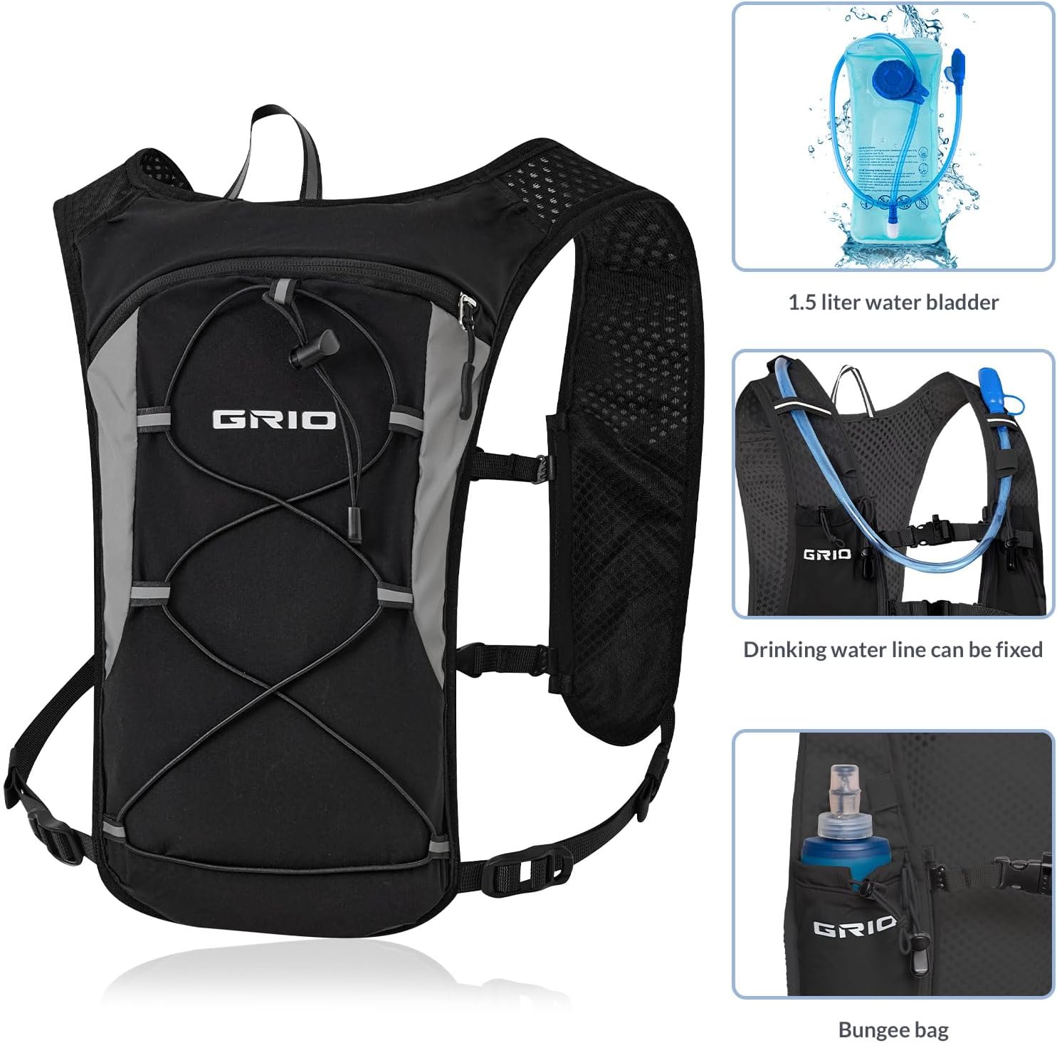 GRIO Hydration Running Vest for Women Men, Water Backpack for Hiking ,with 1.5L Water Bladder, Lightweight Breathable Reflective Hydration Pack for Marathon, Trail, Hiking, Cycling