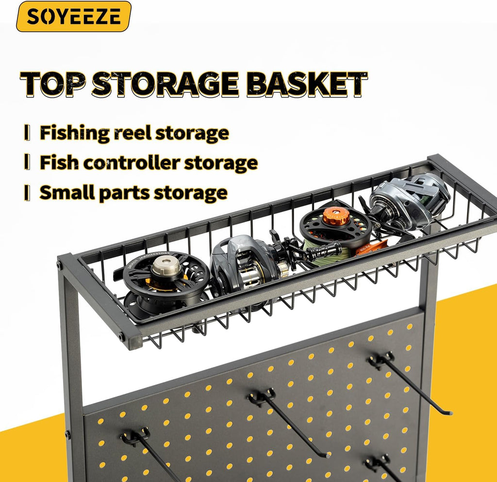 SOYEEZE Fishing Rod Holders for Garage,Fishing Gear Holder for Fishing Rod Tackle Box Storage，Fishing Pole Holders for 12 Rods with Hooks and Pegboard,Fishing Stand with Reel Rack, Standard Size