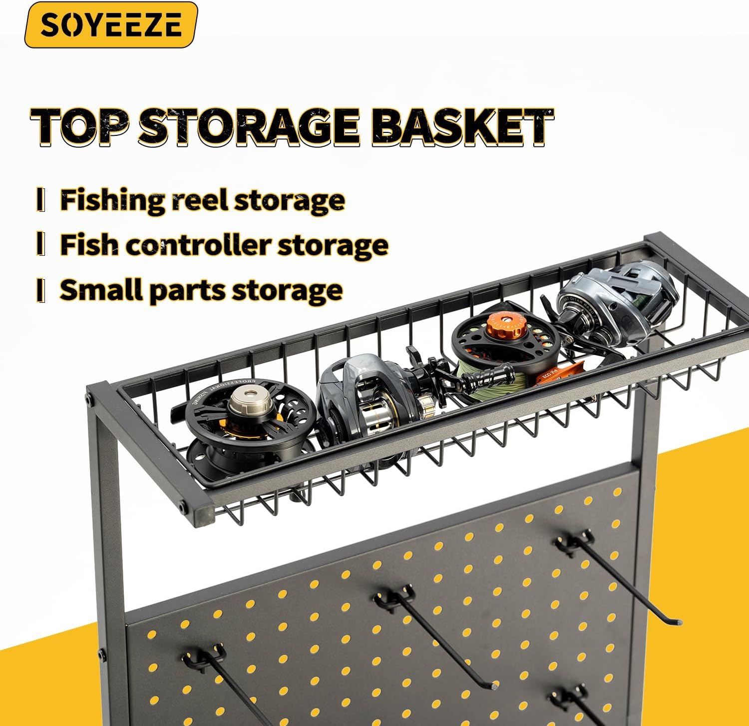 SOYEEZE Fishing Rod Holders for Garage,Fishing Gear Holder for Fishing Rod Tackle Box Storage，Fishing Pole Holders for 12 Rods with Hooks and Pegboard,Fishing Stand with Reel Rack, Standard Size