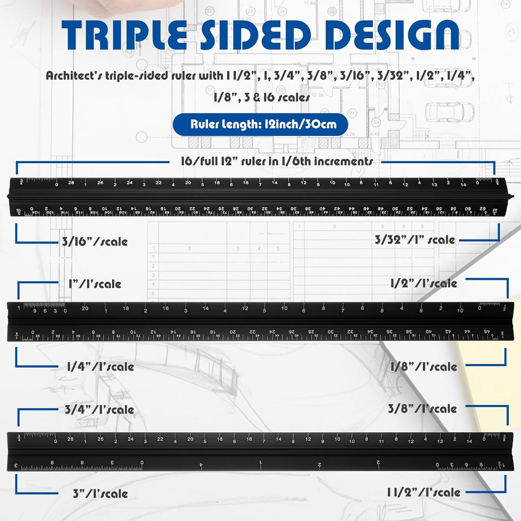 Macarrie 10 Pcs Architectural Scale Ruler 12" Engineers Scale Set, Black