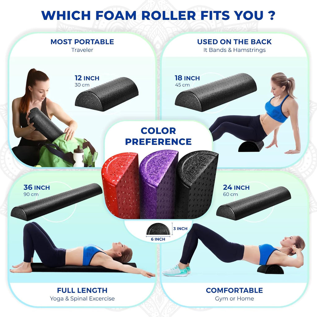 Yes4All High-Density EPP Half Round Back Roller Foam, Exercise Foam Roller for Yoga, Pilates & Stretching - 12, 18, 24, 36 inch