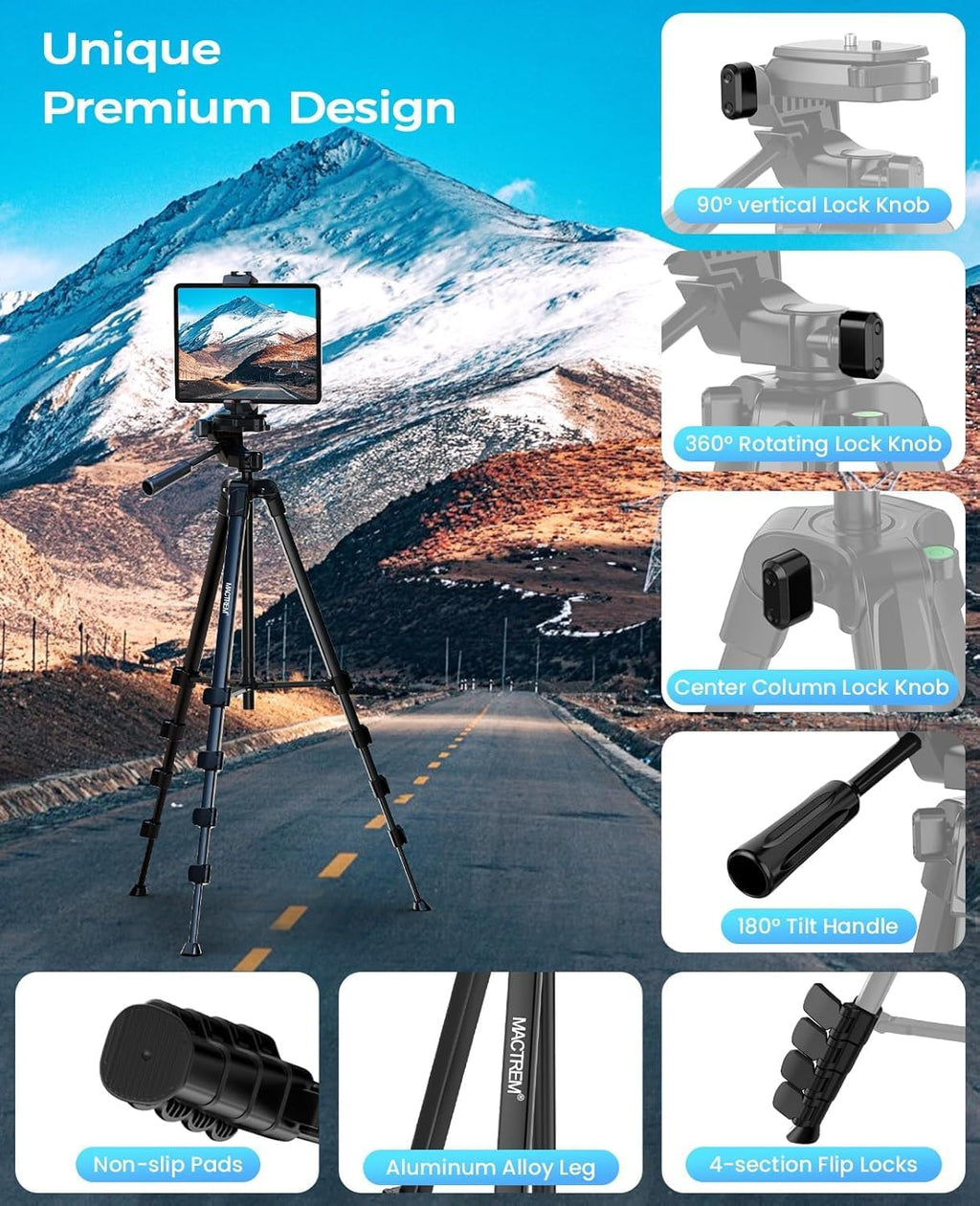 MACTREM 67" iPad Tripod Stand for Tablet Phone Camera with Remote Mount