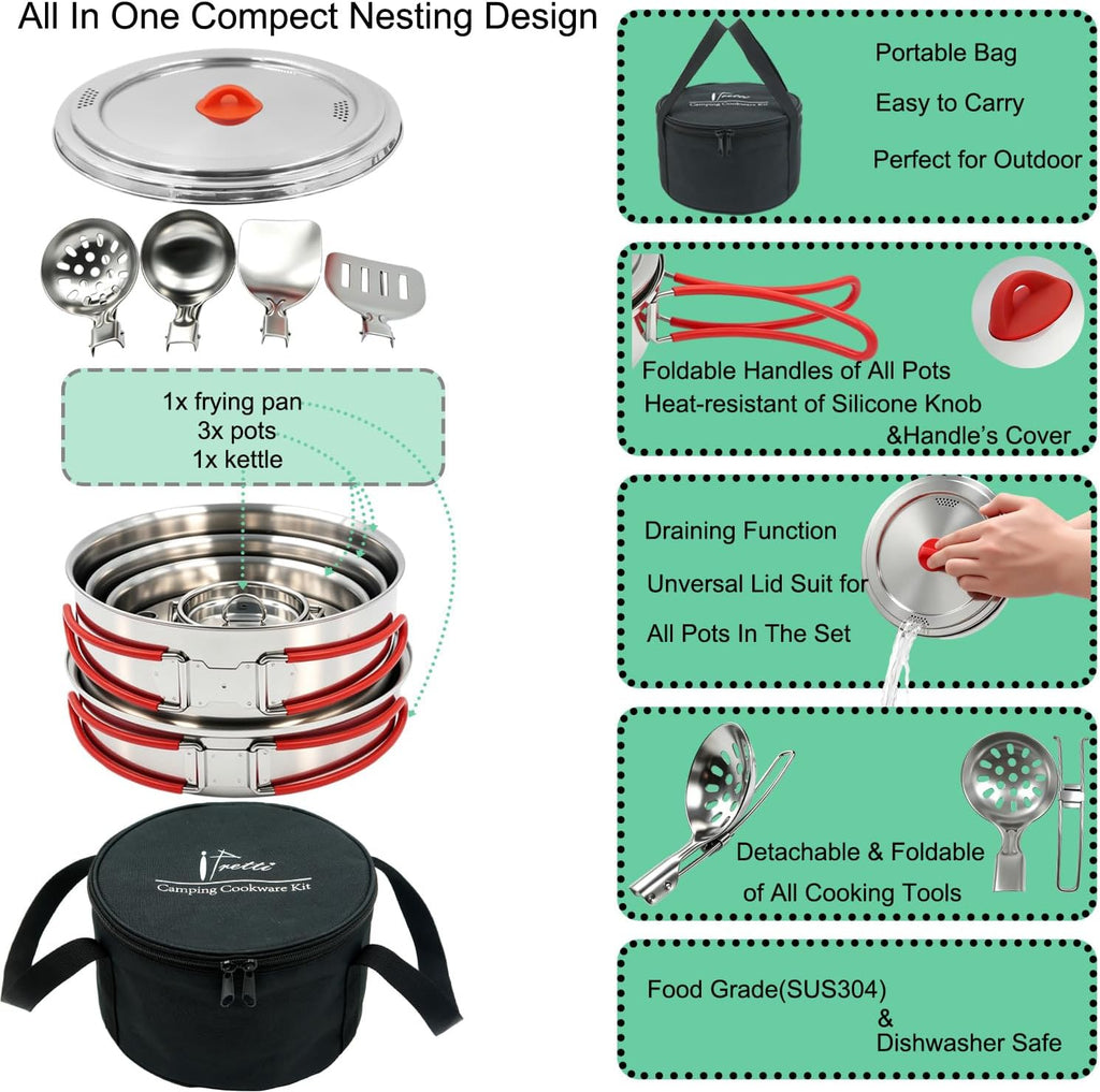 Foldable 18/8 Stainless Steel Camping Cookware 11pcs for 4-8 People