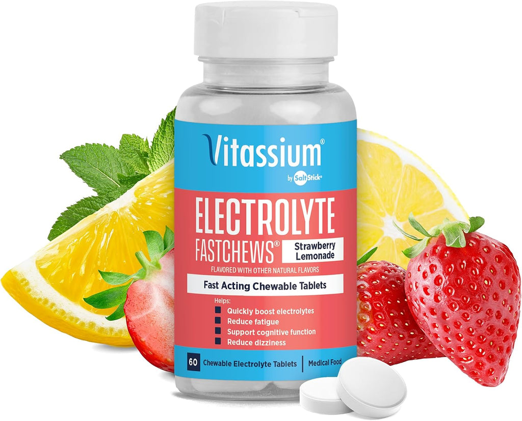 Vitassium FastChews, Chewable Electrolyte Tablets for Management of POTS and High Sodium Diets, Fast-Acting Sodium Tablets, Fruit Punch, 60 Count