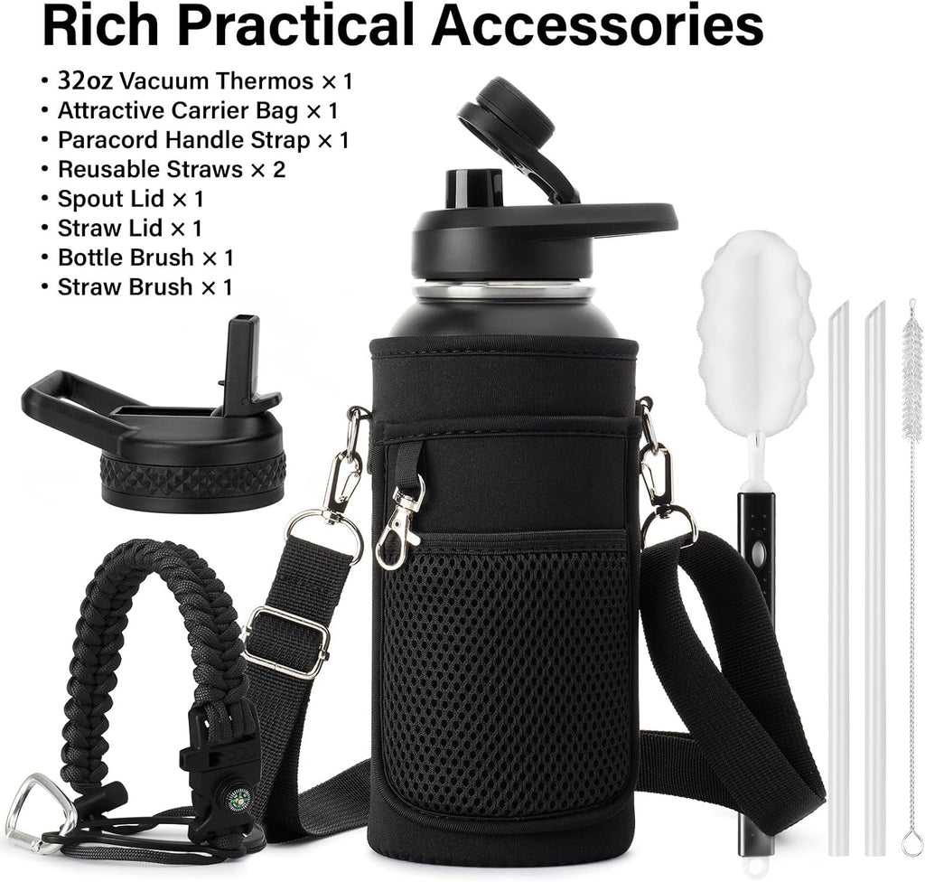 DYSANKY Insulated Water Bottle | Thickened Stainless Steel Vacuum Metal | Portable Sports Water Jug for Gym and Hiking with Straw, Carrier Bag, Handle Strap | BPA-Free 32 oz