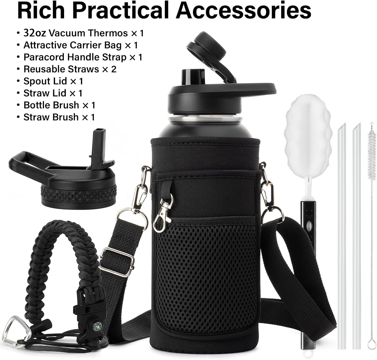 DYSANKY Insulated Water Bottle | Thickened Stainless Steel Vacuum Metal | Portable Sports Water Jug for Gym and Hiking with Straw, Carrier Bag, Handle Strap | BPA-Free 32 oz