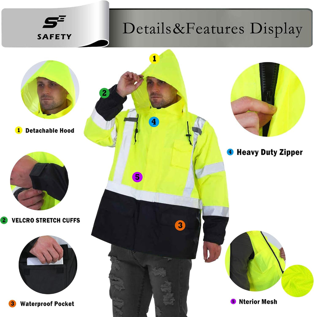 sesafety Hi Vis Rain Jacket, Rain Suits for Men Waterproof withBlack Bottom
