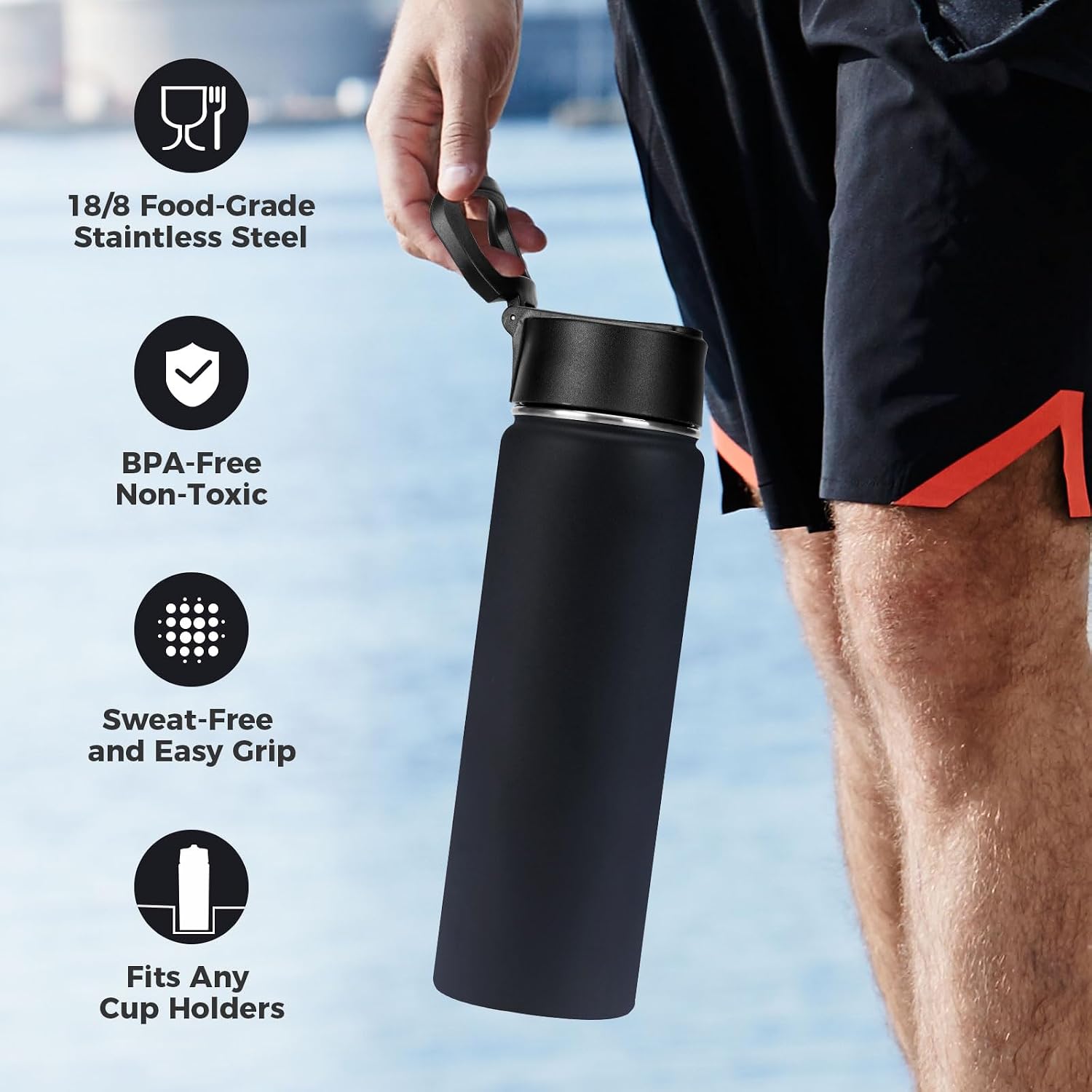 Neihepal 22 oz Insulated Water Bottles with Leak Proof Straw Lid, Wide Mouth Double Walled Vacuum Stainless Steel Metal Water Bottle (Black,2 Pack)
