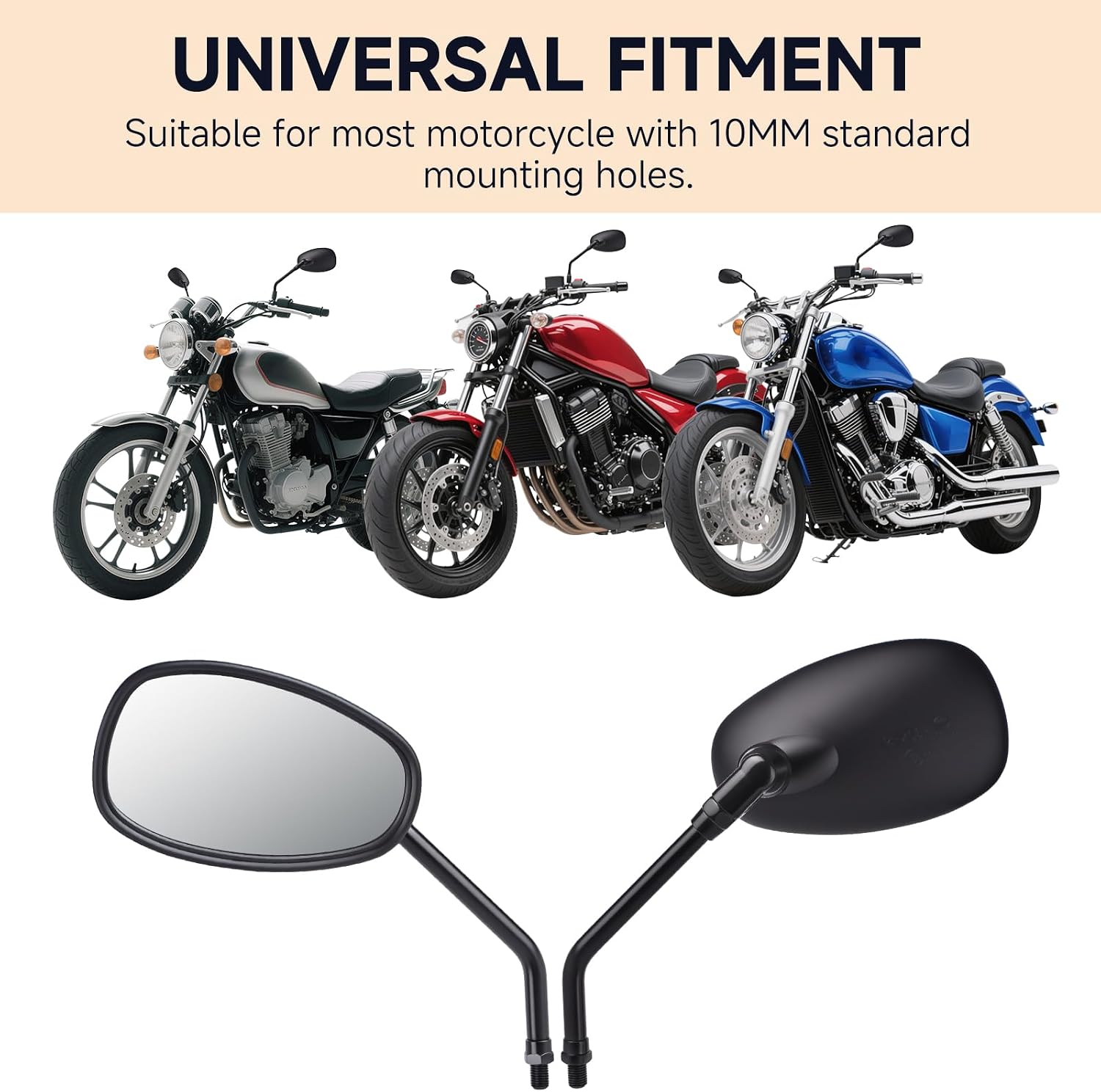 Universal Motorcycle Mirrors - M10 Black Oval Handlebar Rearview Mirrors Compatible with Honda Shadow MSX125 Kawasaki Vulcan Z900 Suzuki SV650 Volusia