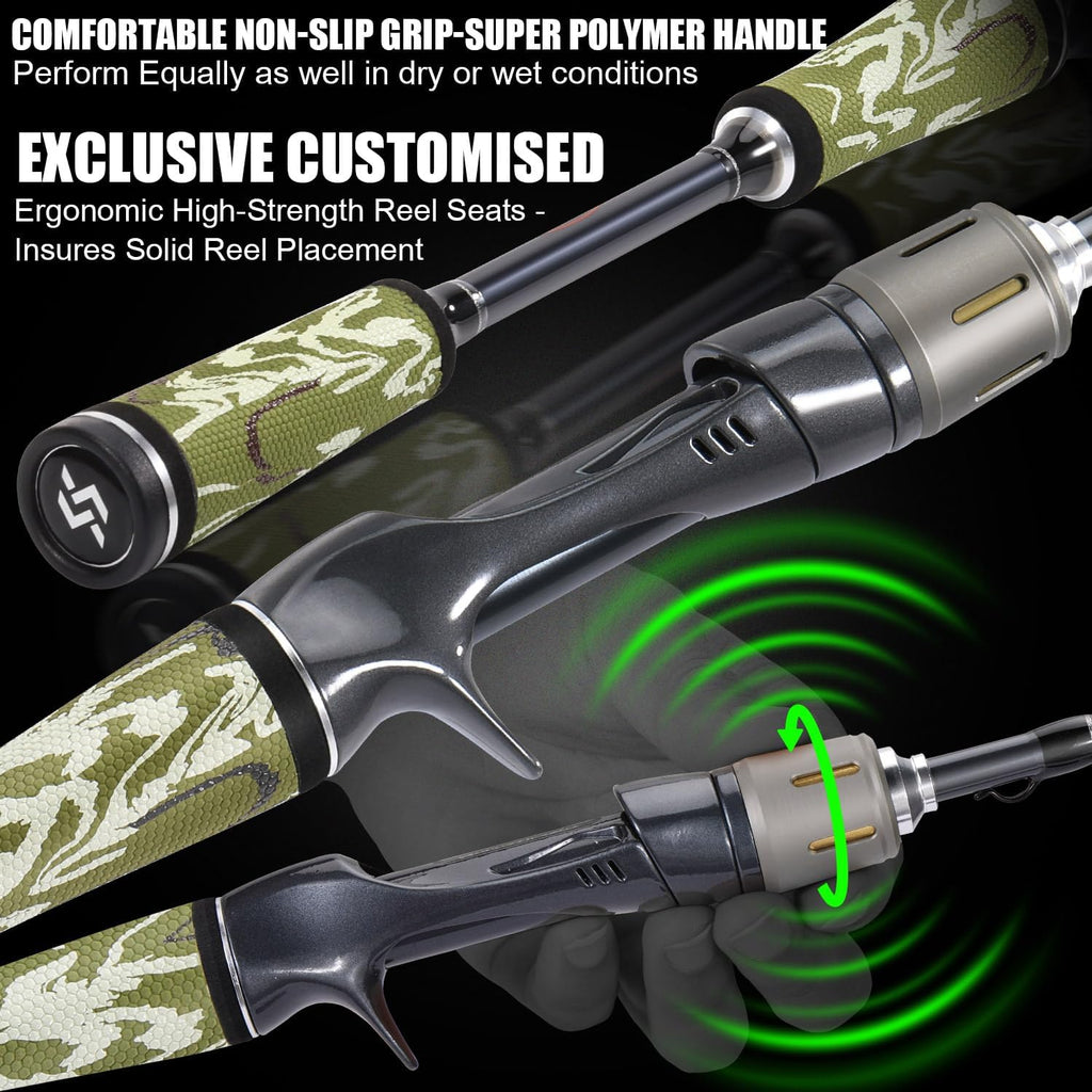 Sougayilang Baitcaster Combo, 30Ton+24Ton Graphite 2-Piece Blanks Casting Fishing Rod,SuperPolymer Handle,“S” Style Hook Keeper with Camo Baitcasting Reel