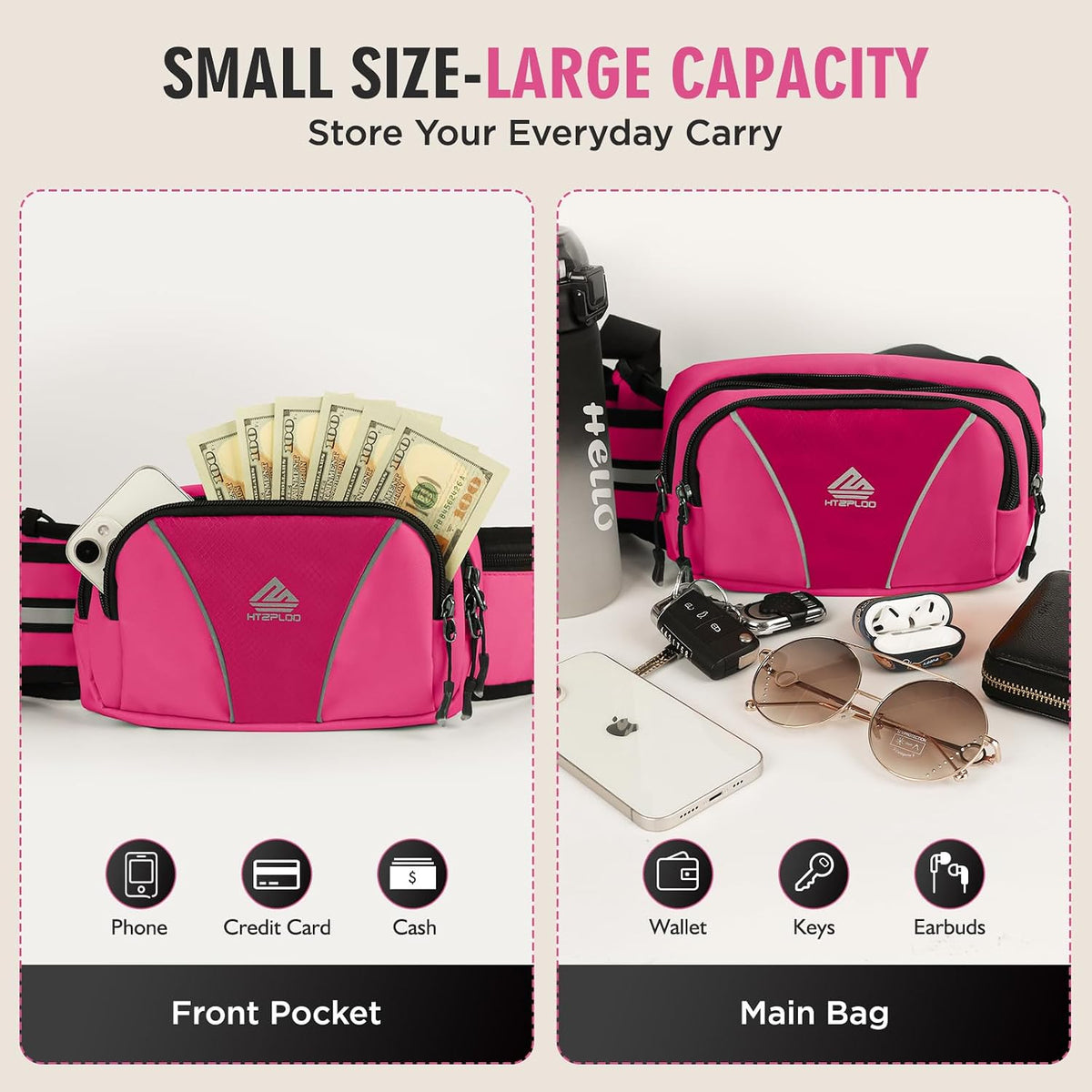 Fanny Pack for Men Women Waist Bag with Water Bottle Holder for Hiking, Travel,Dog Walking, Workout (Pink)