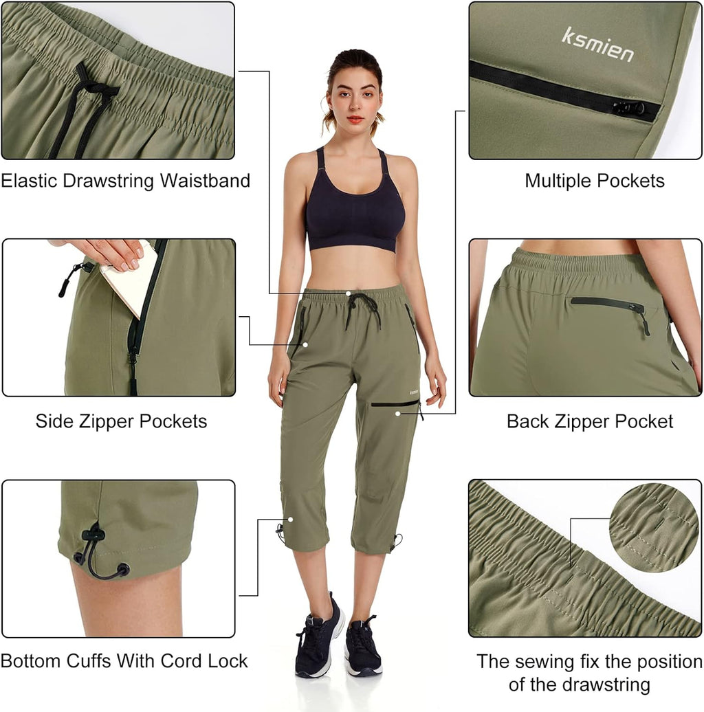Ksmien Women's Hiking Cargo Capri Pants Quick Dry with Zipper Pockets