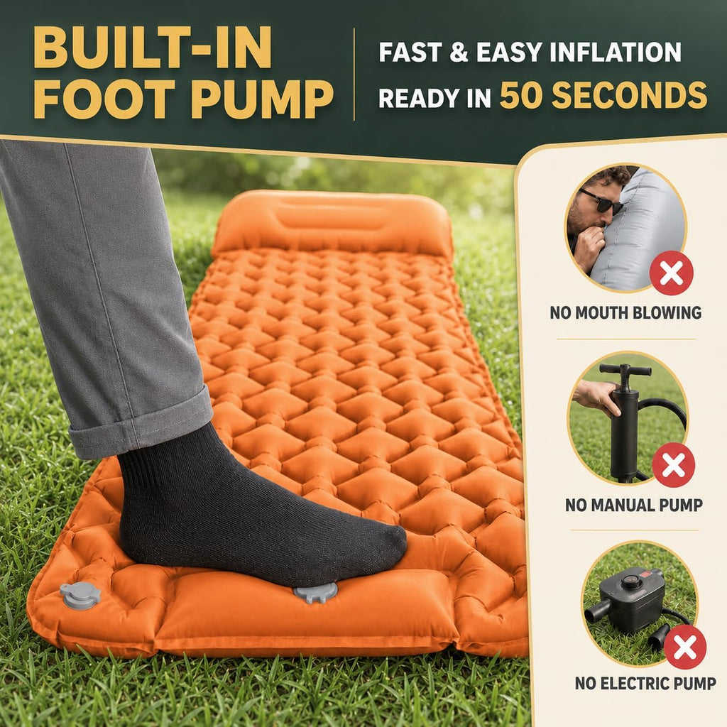 Camping Sleeping Pad, Ultralight Camping Mat with Pillow, Built-in Foot Pump Inflatable Sleeping Pads Compact for Camping Backpacking Hiking Traveling Tent
