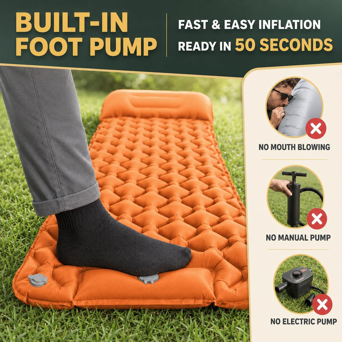 Camping Sleeping Pad, Ultralight Camping Mat with Pillow, Built-in Foot Pump Inflatable Sleeping Pads Compact for Camping Backpacking Hiking Traveling Tent