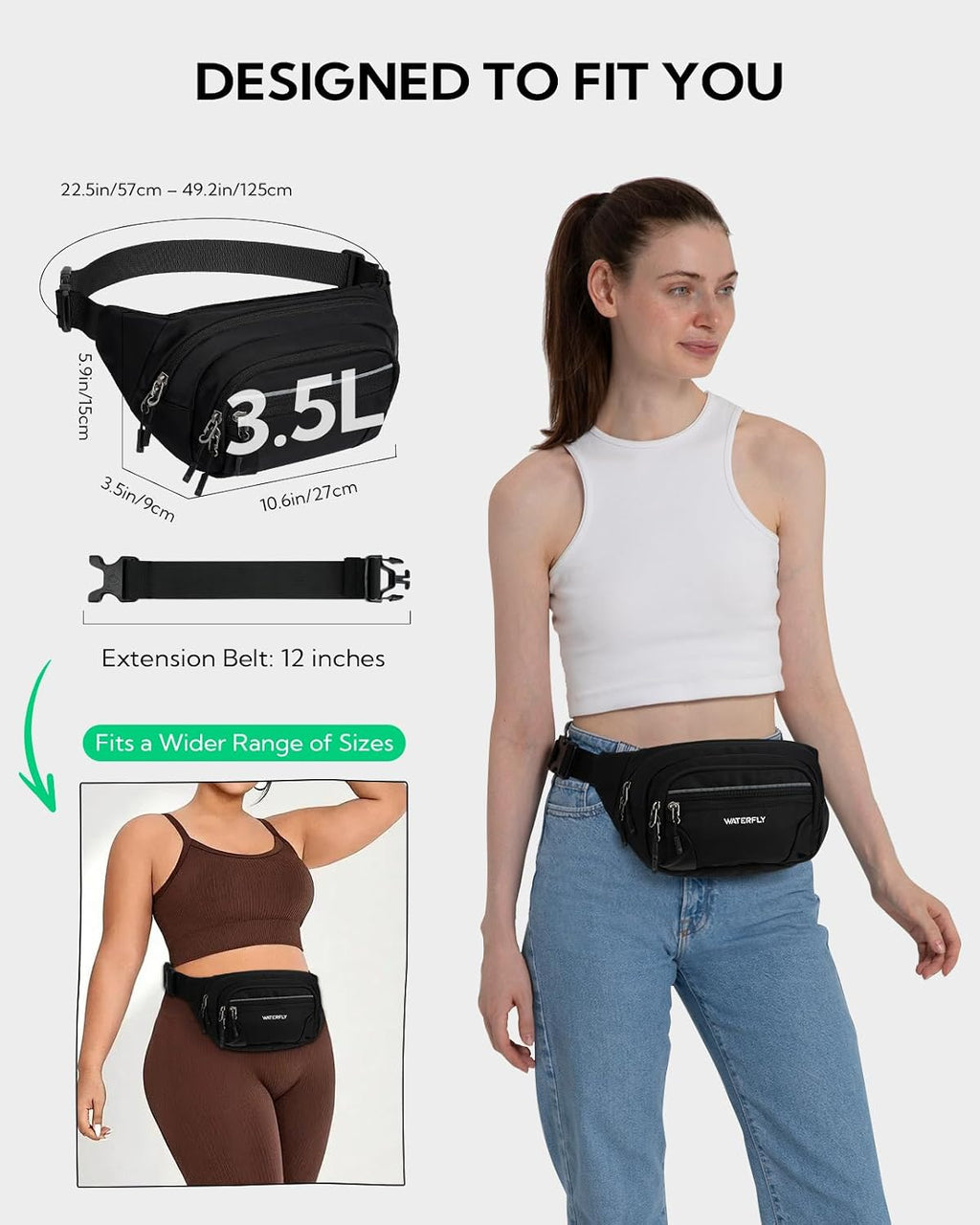 WATERFLY 3.5L RFID Fanny Pack: Anti-Theft 12" Extender Belt for Travel