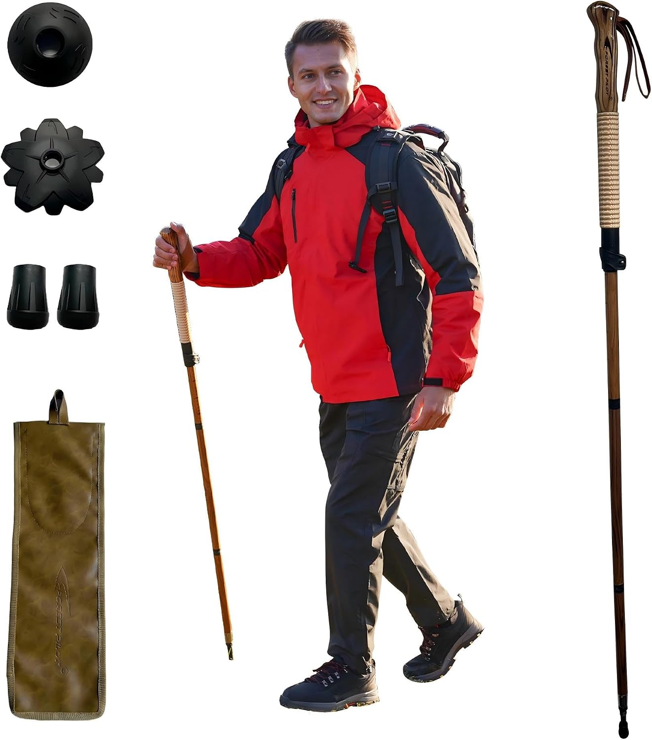 FOREST PILOT 1pc Sassafras Wood Adjustable Walking Stick | Sassafras Wood Material, 3pcs Detachable Flip Lock, All Terrain Accessories, Storage pouch