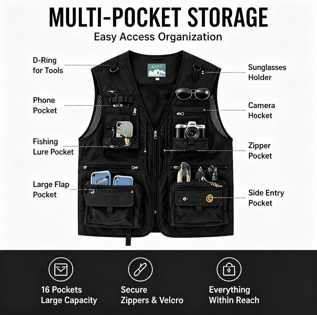 Outdoor Utility Vest for Men & Women, Lightweight Breathable Mesh Vest with Multiple Pockets for Fishing, Photography, Hiking, Camping, Travel & Safari, Black