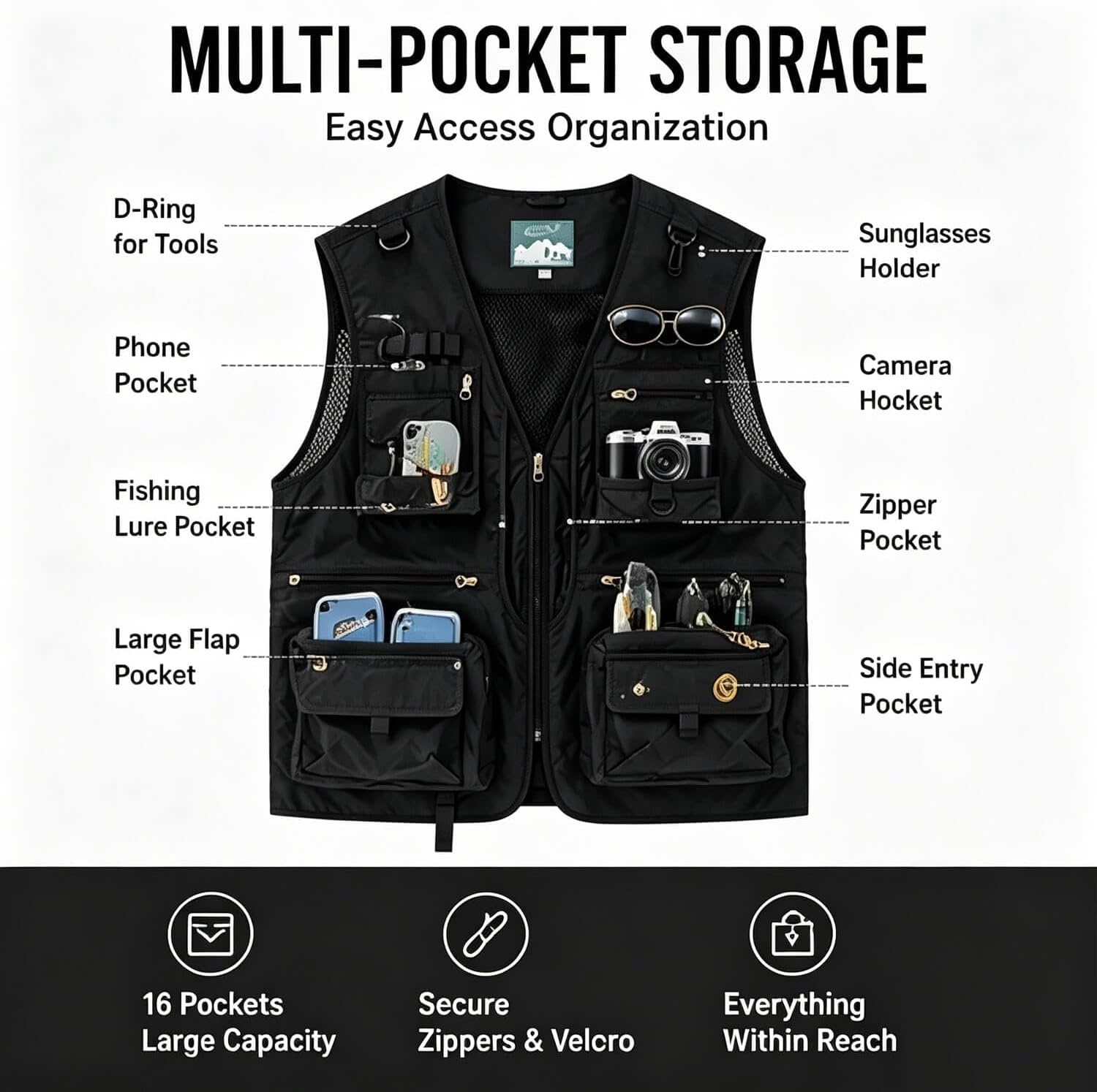 Outdoor Utility Vest for Men & Women, Lightweight Breathable Mesh Vest with Multiple Pockets for Fishing, Photography, Hiking, Camping, Travel & Safari, Black