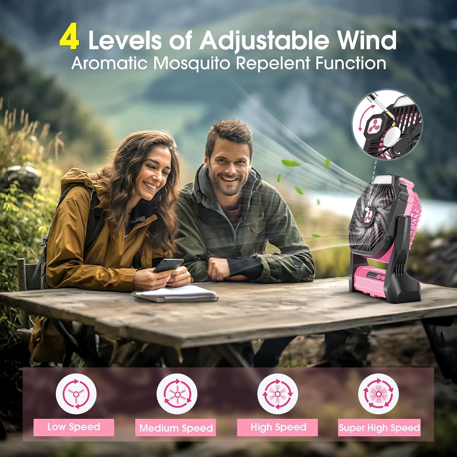 Peouix Portable Rechargeable Fan, 20000mAh Cordless Battery Powered Camping Tent Fans with LED Lantern, Operated Outdoor Ventiladores for Travel Camp Fishing Office Home Essentials