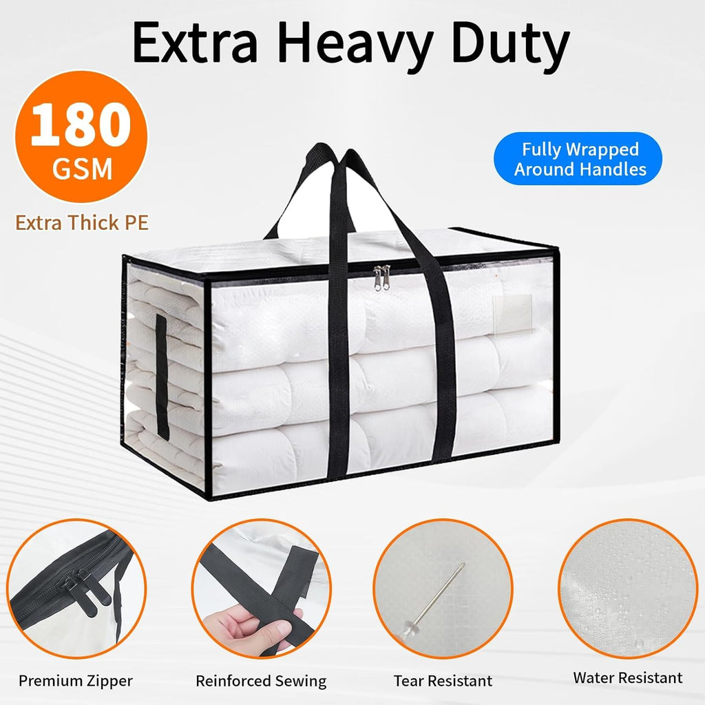 Moving Bags Extra Large 8 Pack - Heavy Duty Storage Totes with Wrap-Around Handles & Reinforced Zippers - Foldable Moving Box Alternative, Water-Resistant for Dorm, Closet & Under Bed Storage (Clear)