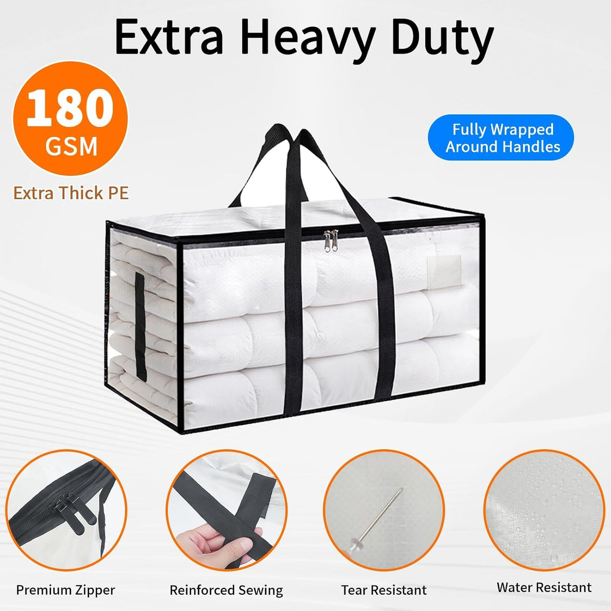 Moving Bags Extra Large 8 Pack - Heavy Duty Storage Totes with Wrap-Around Handles & Reinforced Zippers - Foldable Moving Box Alternative, Water-Resistant for Dorm, Closet & Under Bed Storage (Clear)