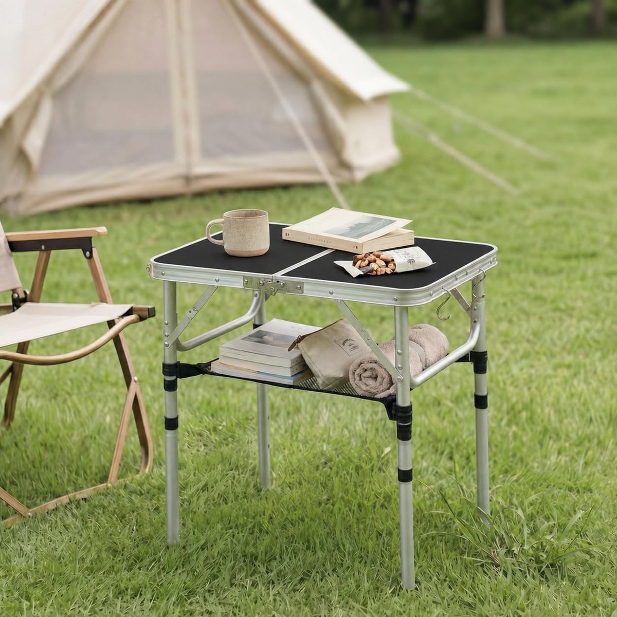 Small Folding Table 2ft, Portable Camping Table with Mesh Holder, 24"x 16"