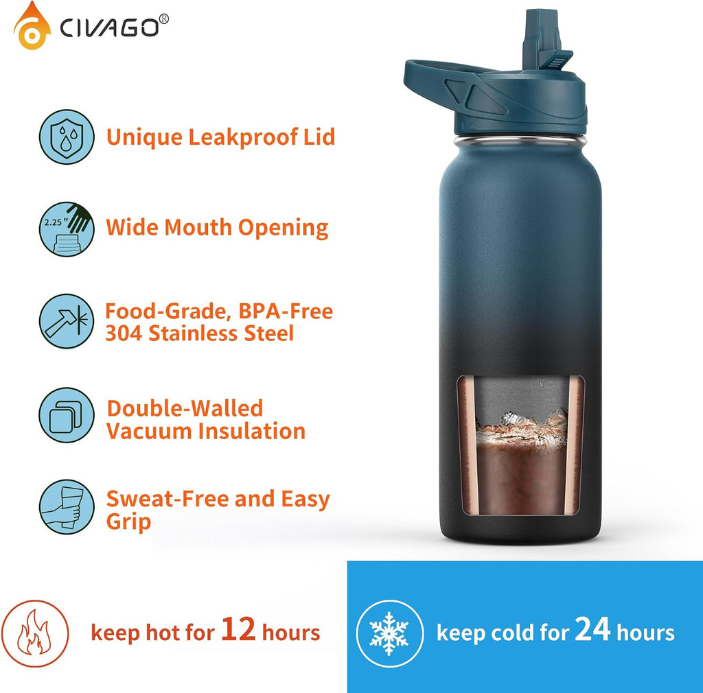 CIVAGO 64 oz Insulated Stainless Steel Water Bottle With Straw and 3 Lids