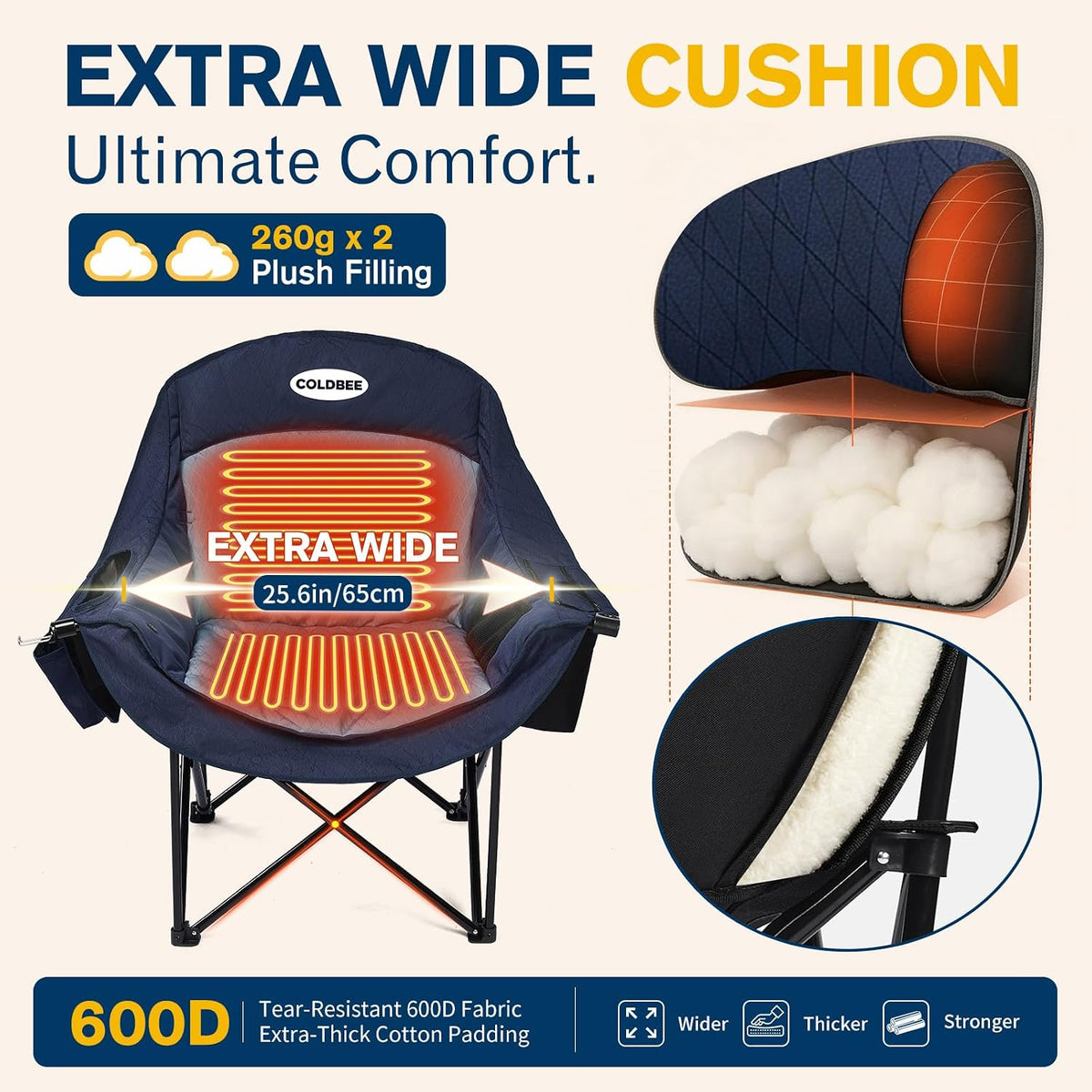 Heated Oversized Camping Chair, Heavy Duty Padded, Thick Headrest, Blue